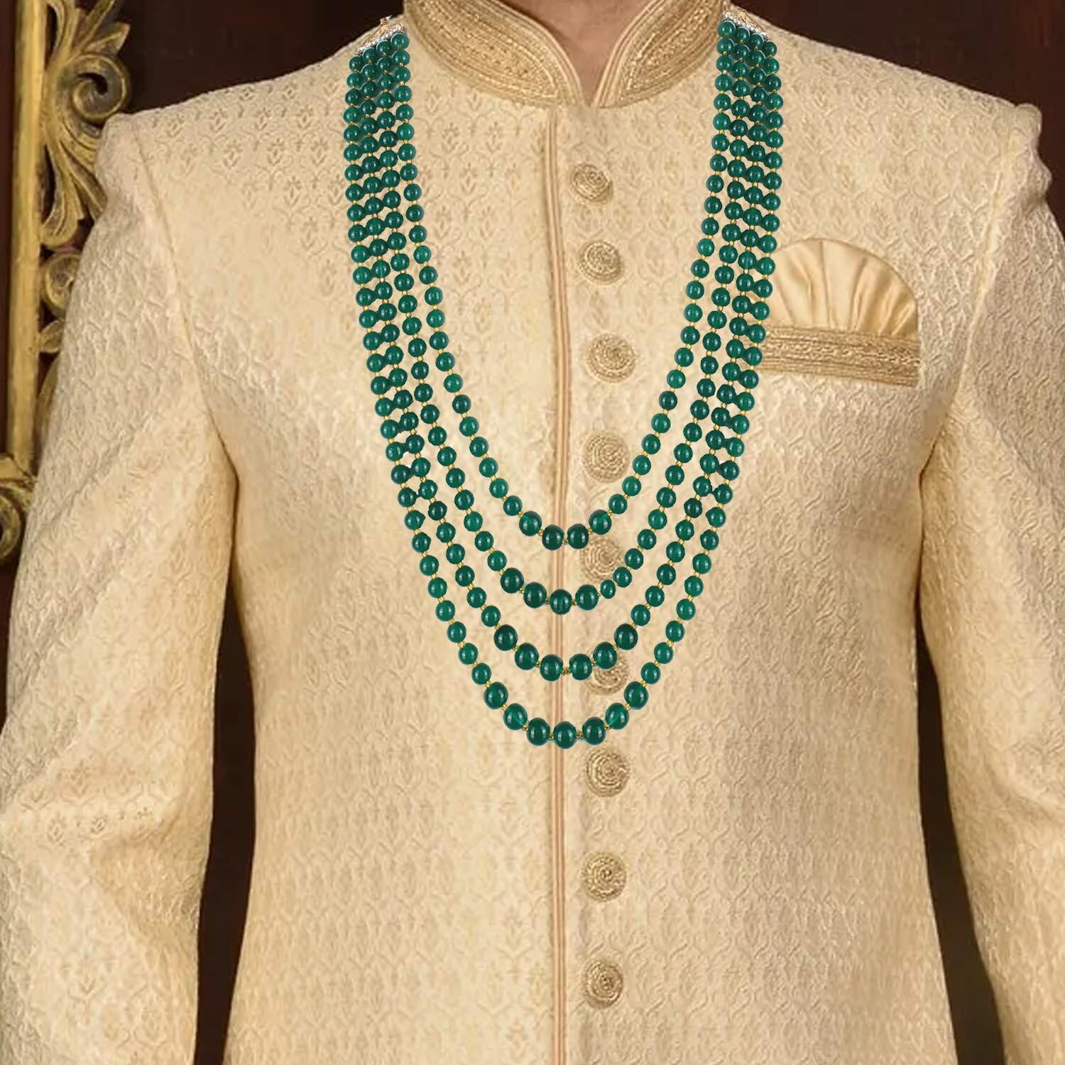 Lucky Jewellery Mens Non-Precious Metal Designer Wedding Multi Strand Dulha Layered Pearl Maharaja Groom Necklace Set (Green)
