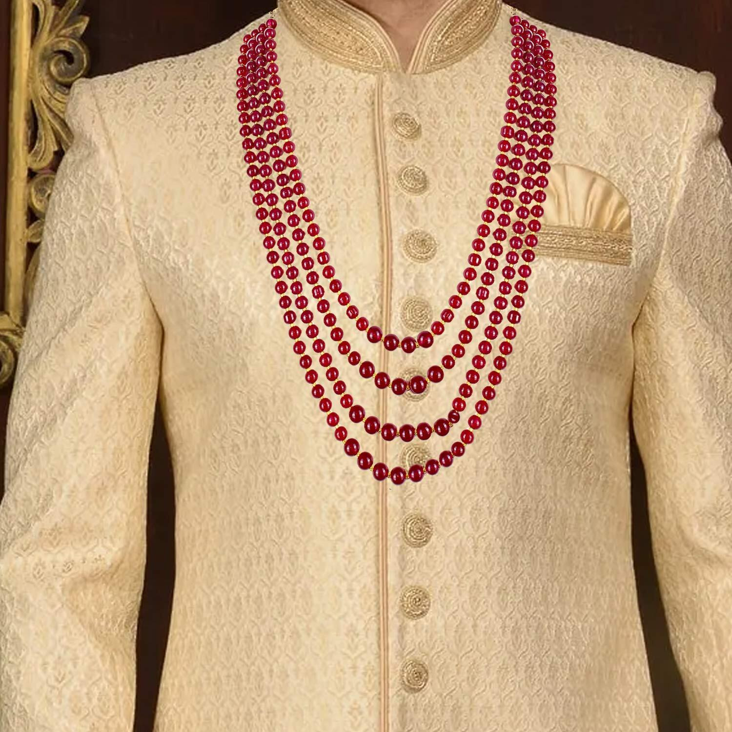 Lucky Jewellery Designer Wedding Multi Strand Maroon Color Dulha Har Layered Pearl Maharaja Haar Groom Necklace Set for Men (475-M6DM-1021-M)