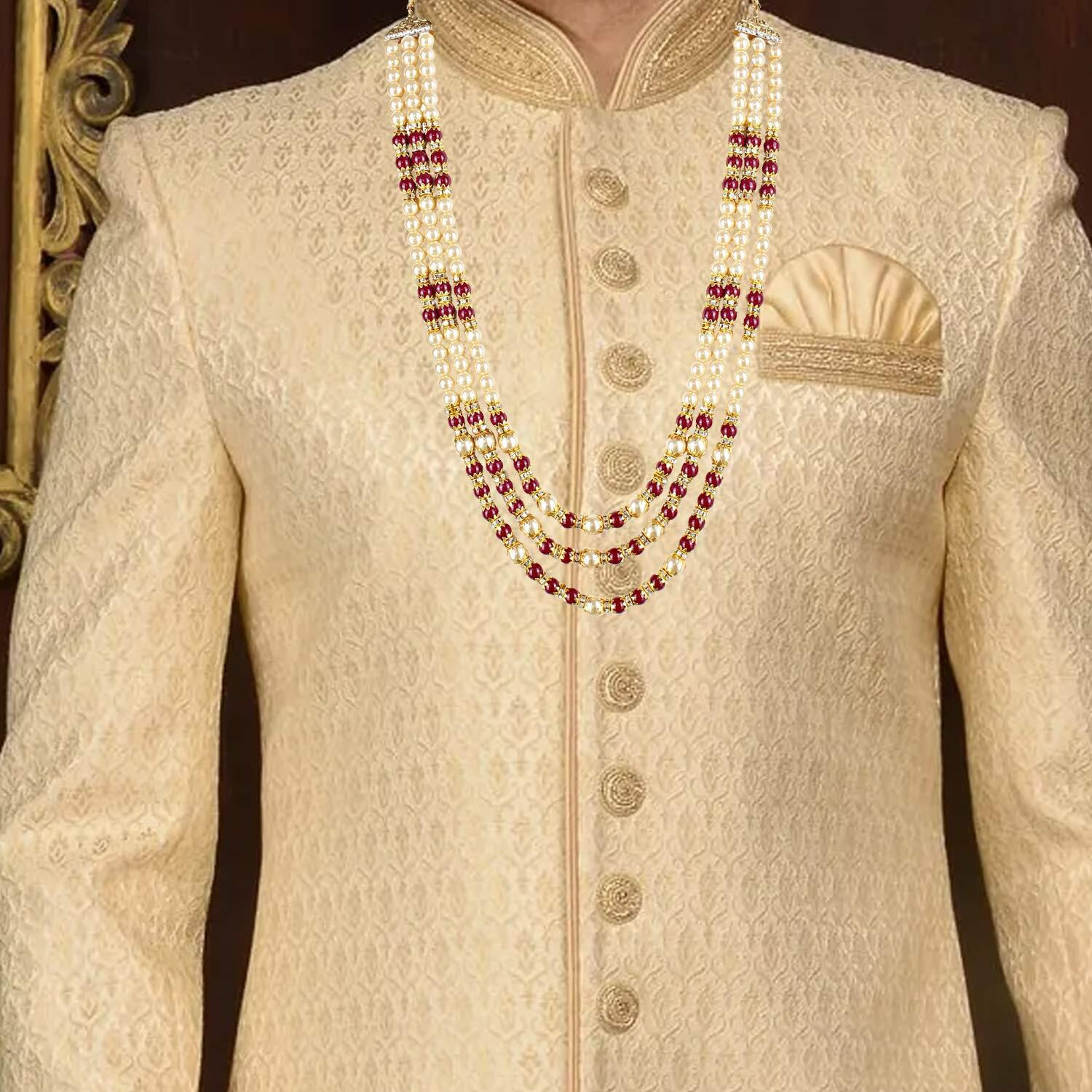 Lucky Jewellery Designer Wedding Multi Strand Gold and Maroon Color Dulha Har Layered Pearl Maharaja Haar Groom Necklace Set for Men (580-M6DM-1011-LCT-M)