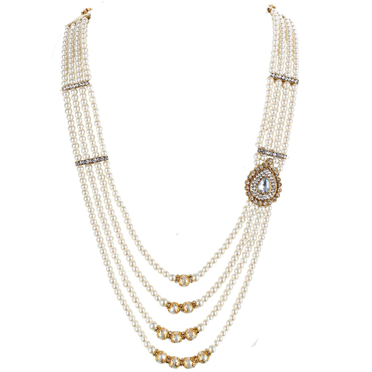 Lucky Jewellery Designer Wedding Multi Strand White Color Dulha Har Layered Pearl Maharaja Haar Groom Necklace Set for Men (594-M6DM-1012-W)