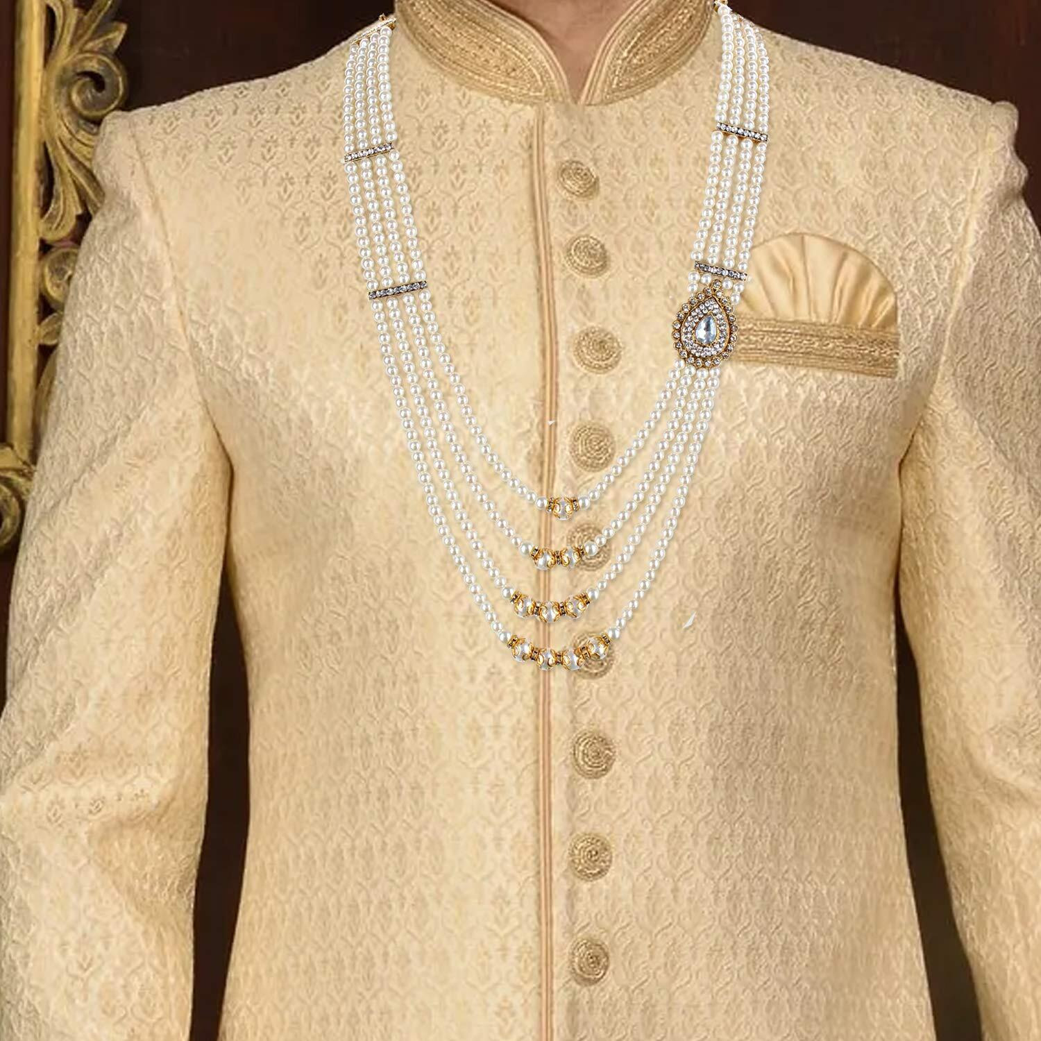 Lucky Jewellery Designer Wedding Multi Strand White Color Dulha Har Layered Pearl Maharaja Haar Groom Necklace Set for Men (594-M6DM-1012-W)