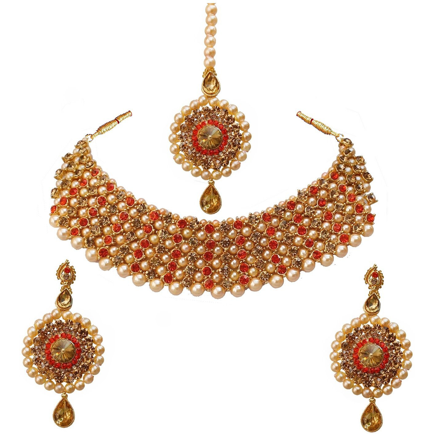 Lucky Jewellery Elegant Golden Orange Color Gold Plated Pearl and Stone Necklace Set for Girls & Women (726-ISP-816-G-LCT-O)