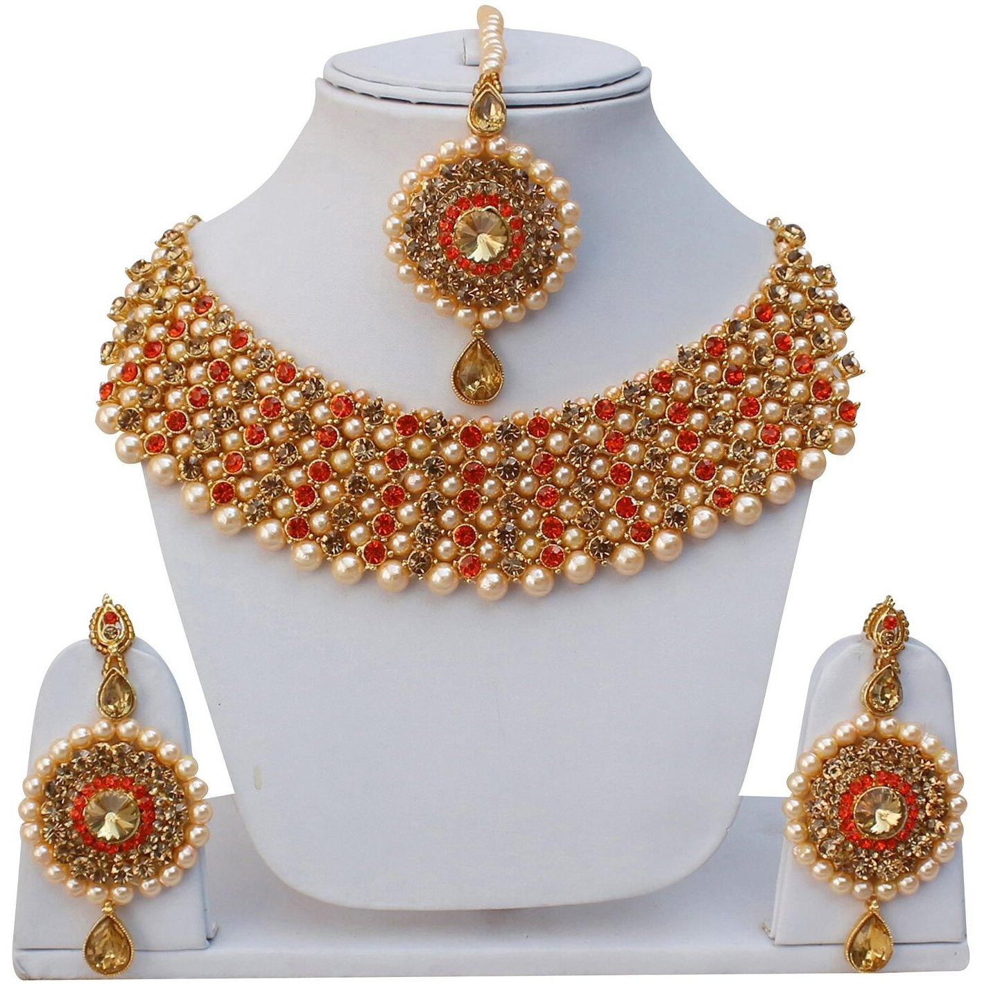 Lucky Jewellery Elegant Golden Orange Color Gold Plated Pearl and Stone Necklace Set for Girls & Women (726-ISP-816-G-LCT-O)