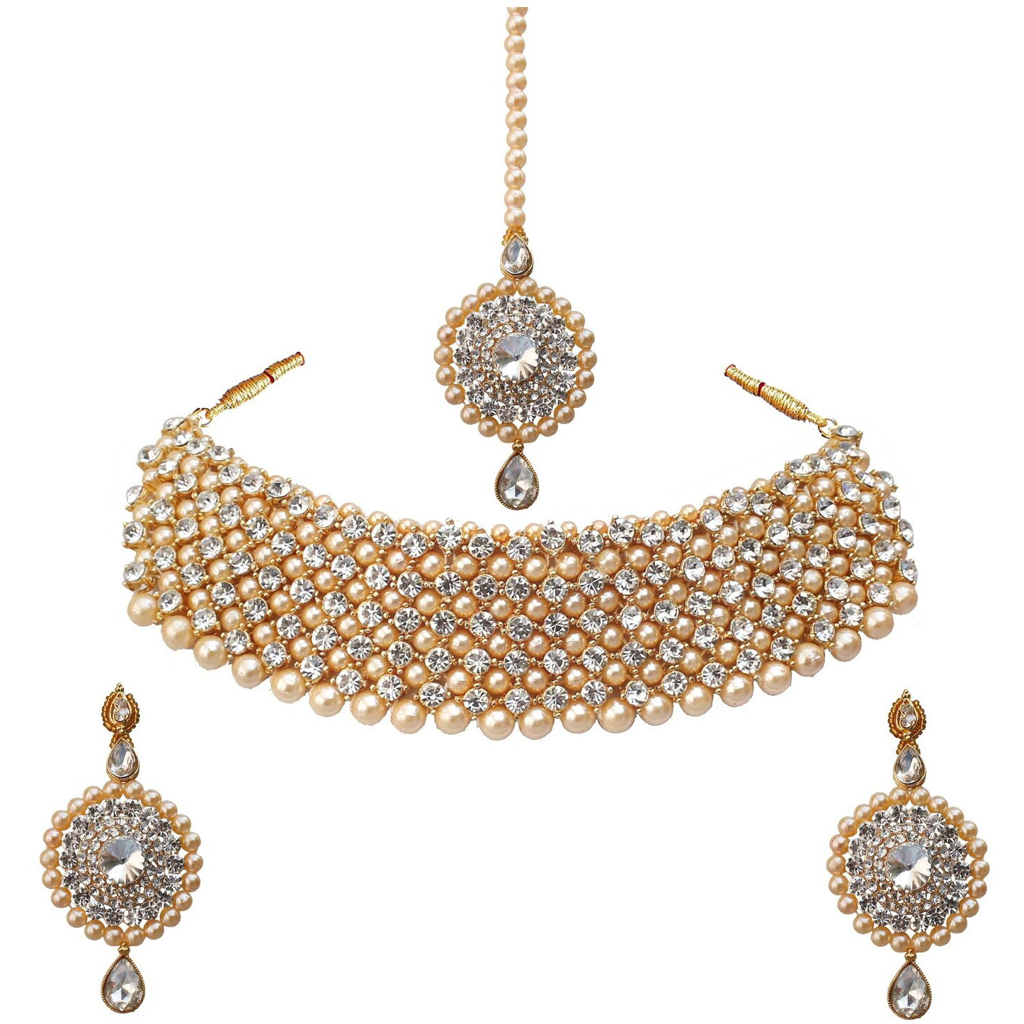 Lucky Jewellery Elegant White Color Gold Plated Pearl and Stone Necklace Set for Girls & Women (726-ISP-816-G-W)