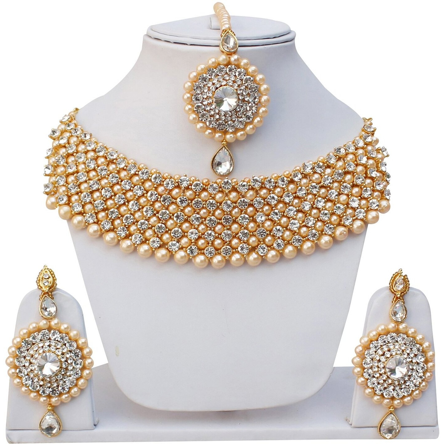 Lucky Jewellery Elegant White Color Gold Plated Pearl and Stone Necklace Set for Girls & Women (726-ISP-816-G-W)