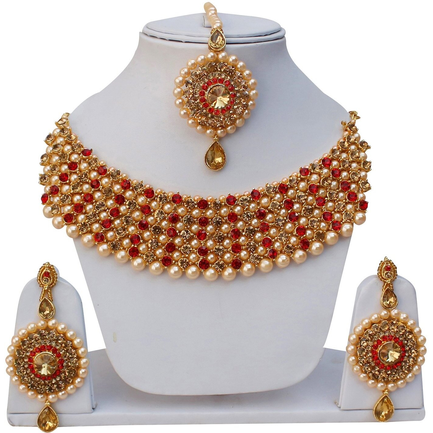Lucky Jewellery Elegant Golden Red Color Gold Plated Pearl and Stone Necklace Set for Girls & Women (726-ISP-816-G-LCT-RED)