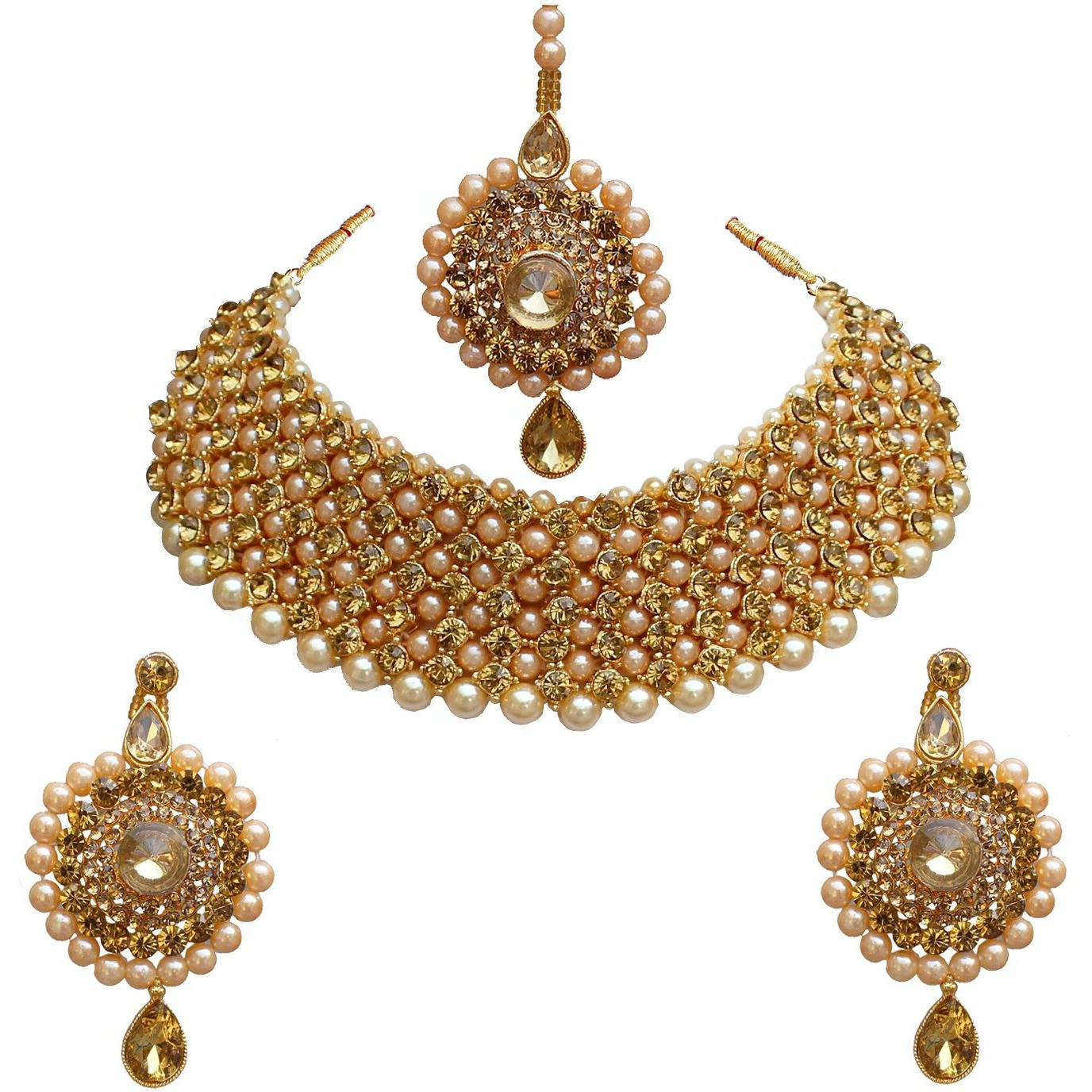 Lucky Jewellery Elegant Golden Color Gold Plated Pearl and Stone Necklace Set for Girls & Women (726-ISP-816-G-LCT)