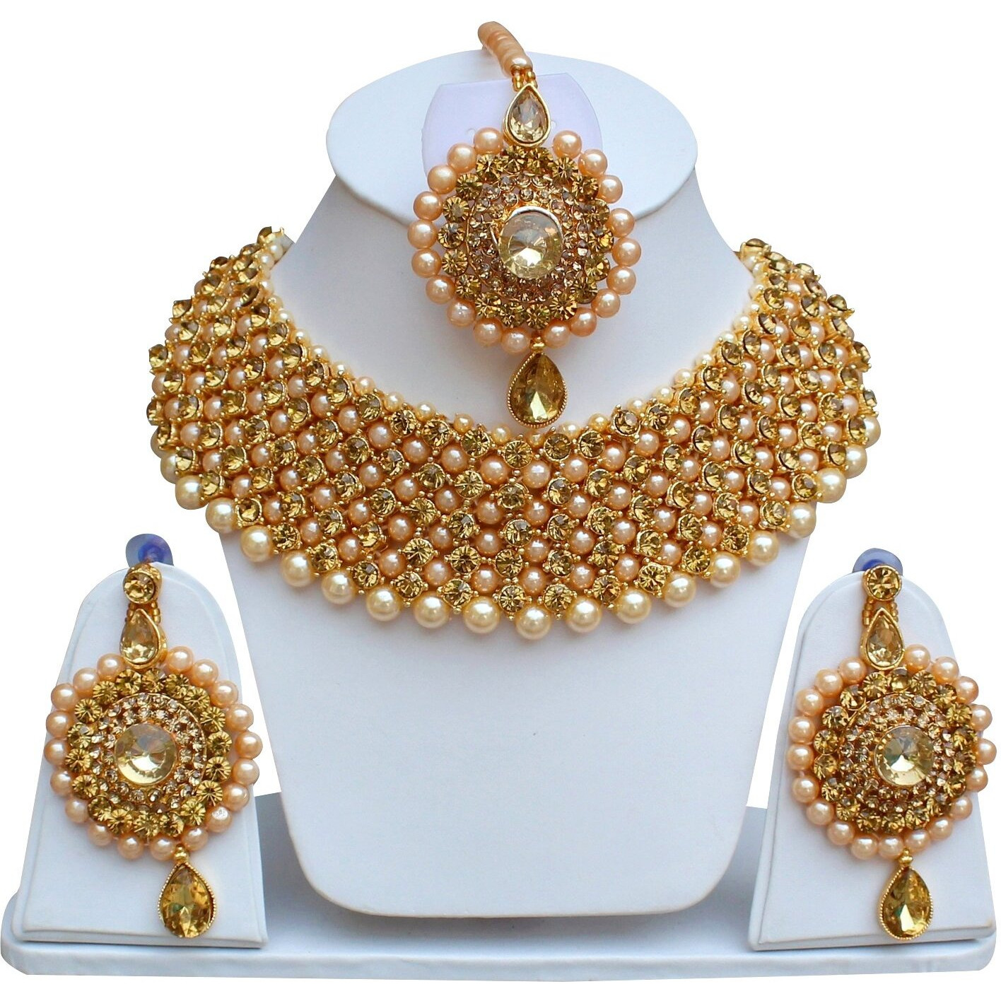 Lucky Jewellery Elegant Golden Color Gold Plated Pearl and Stone Necklace Set for Girls & Women (726-ISP-816-G-LCT)
