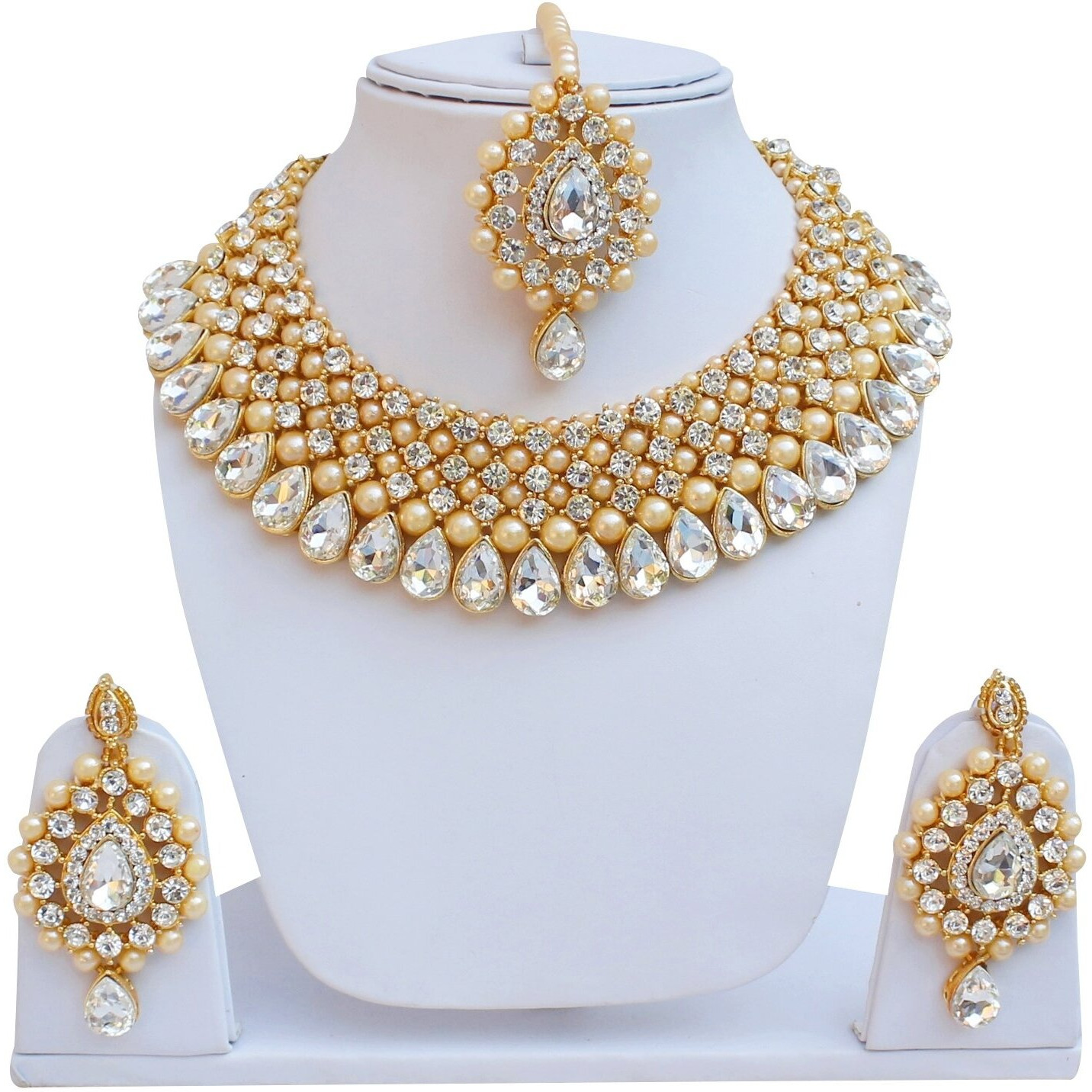 Lucky Jewellery Stunning White Color Stone Gold Plated Necklace Set for Girls & Women (726-ISS-823-G-W)