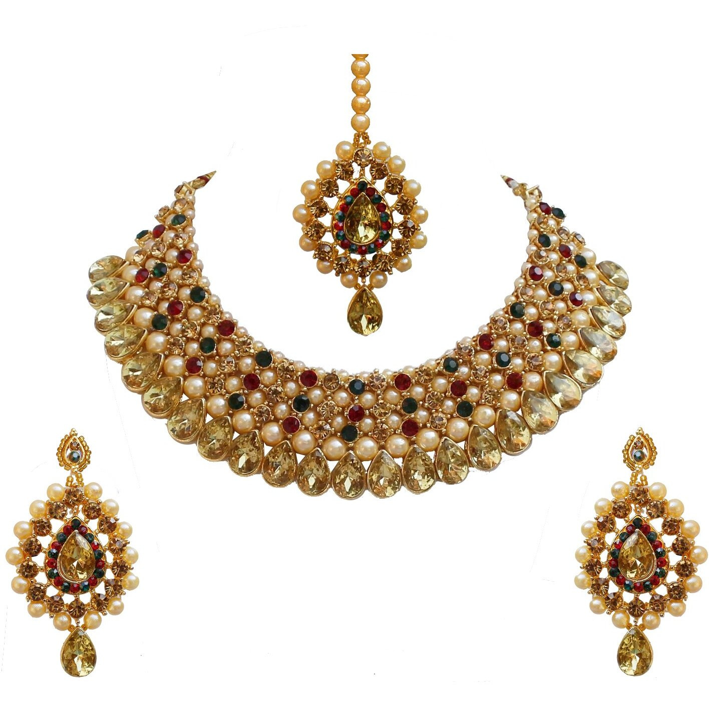 Lucky Jewellery Stunning Maroon Green Color Stone Gold Plated Necklace Set for Girls & Women (726-ISS-823-G-LCT-MG)