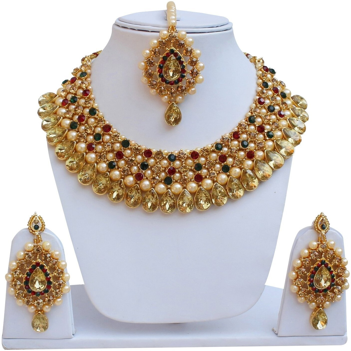 Lucky Jewellery Stunning Maroon Green Color Stone Gold Plated Necklace Set for Girls & Women (726-ISS-823-G-LCT-MG)