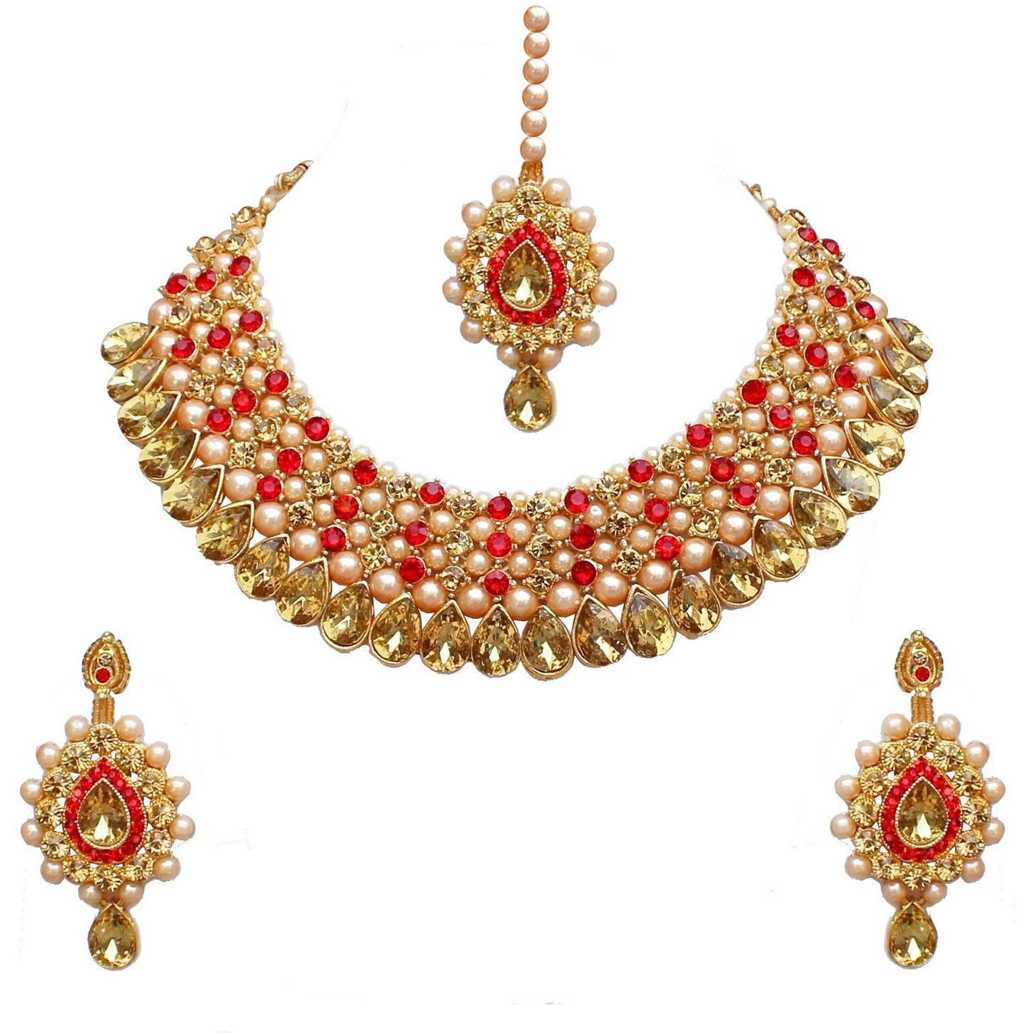 Lucky Jewellery Stunning Red Color Stone Gold Plated Necklace Set for Girls & Women (726-ISS-823-G-LCT-RED)
