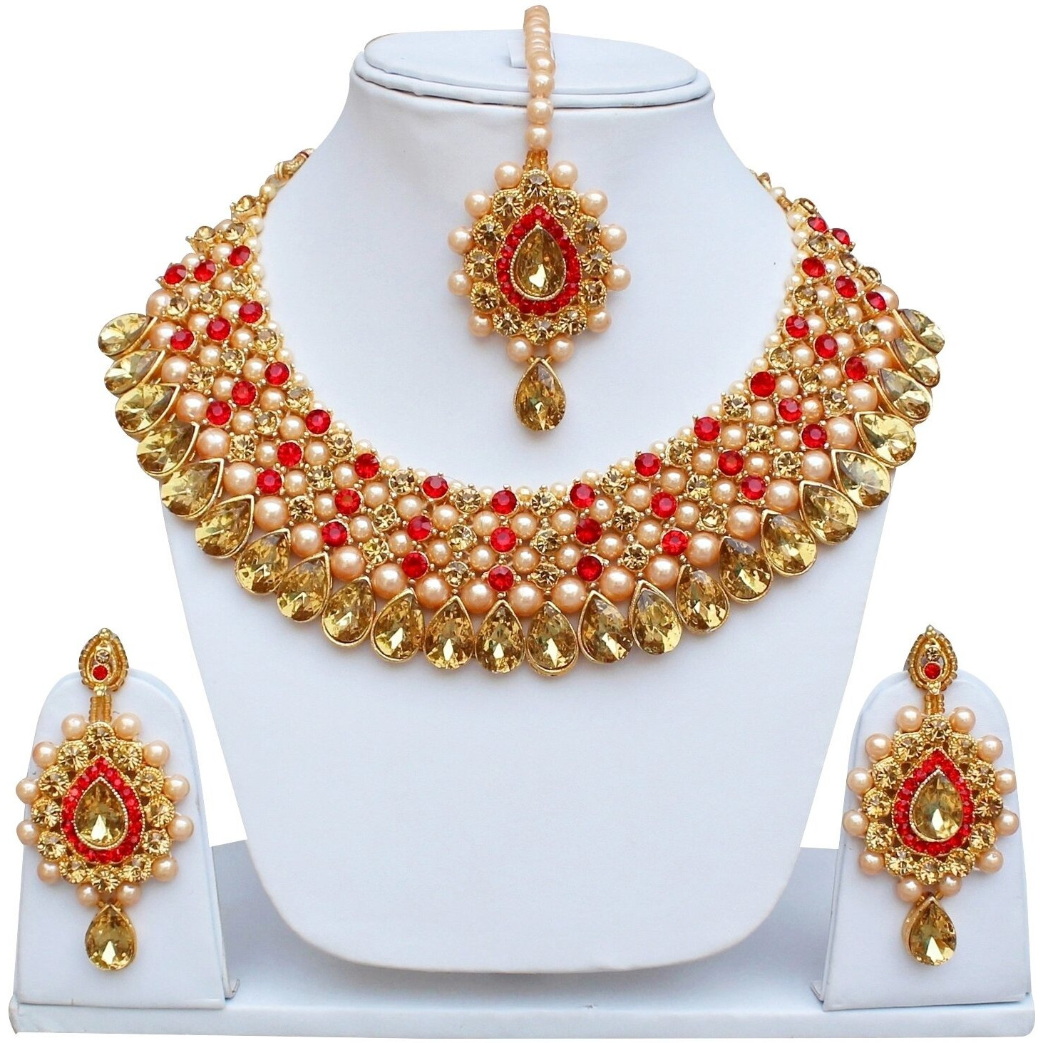 Lucky Jewellery Stunning Red Color Stone Gold Plated Necklace Set for Girls & Women (726-ISS-823-G-LCT-RED)