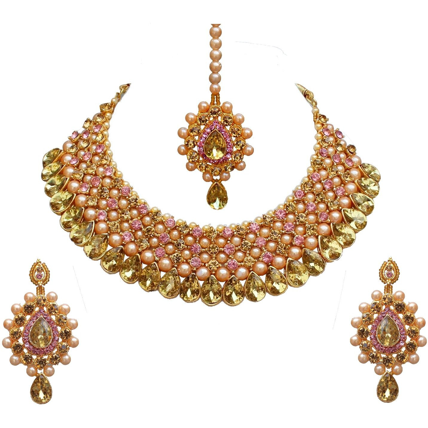Lucky Jewellery Stunning Pink Color Stone Gold Plated Necklace Set for Girls & Women (726-ISS-823-G-LCT-PK)