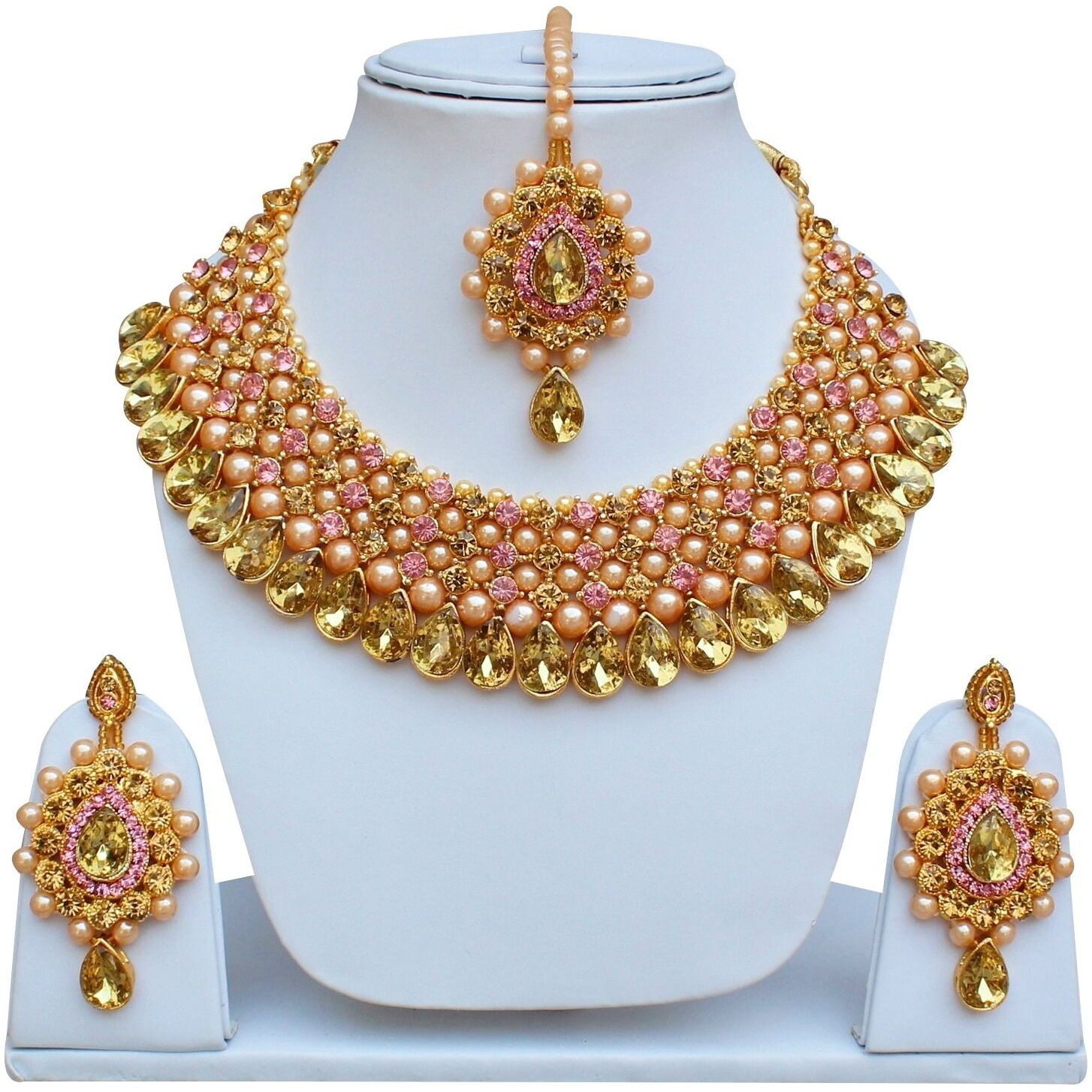Lucky Jewellery Stunning Pink Color Stone Gold Plated Necklace Set for Girls & Women (726-ISS-823-G-LCT-PK)