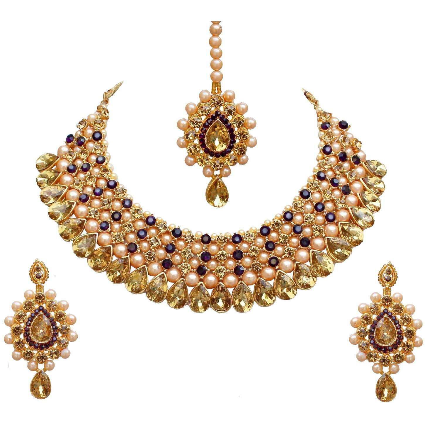 Lucky Jewellery Stunning Purple Color Stone Gold Plated Necklace Set for Girls & Women (726-ISS-823-G-LCT-P)