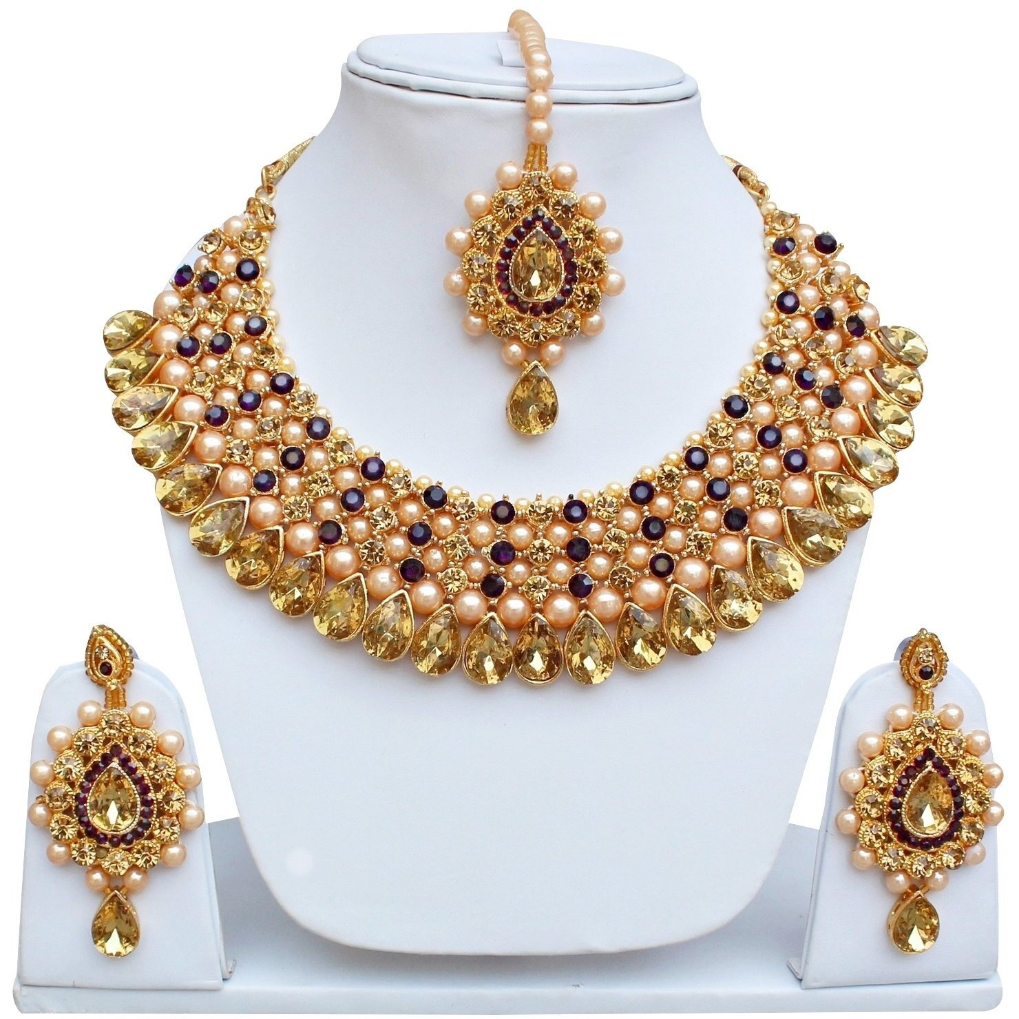Lucky Jewellery Stunning Purple Color Stone Gold Plated Necklace Set for Girls & Women (726-ISS-823-G-LCT-P)