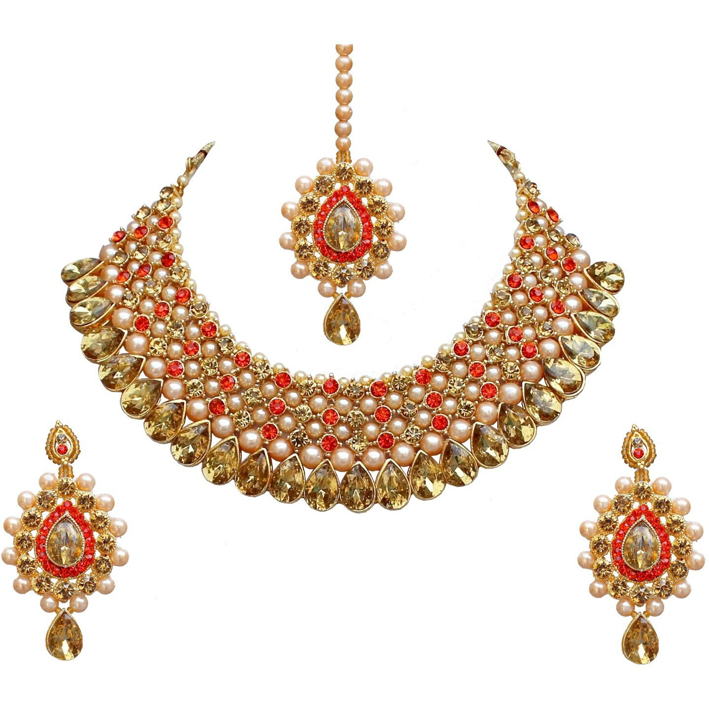 Lucky Jewellery Stunning Orange Color Stone Gold Plated Necklace Set for Girls & Women (726-ISS-823-G-LCT-O)