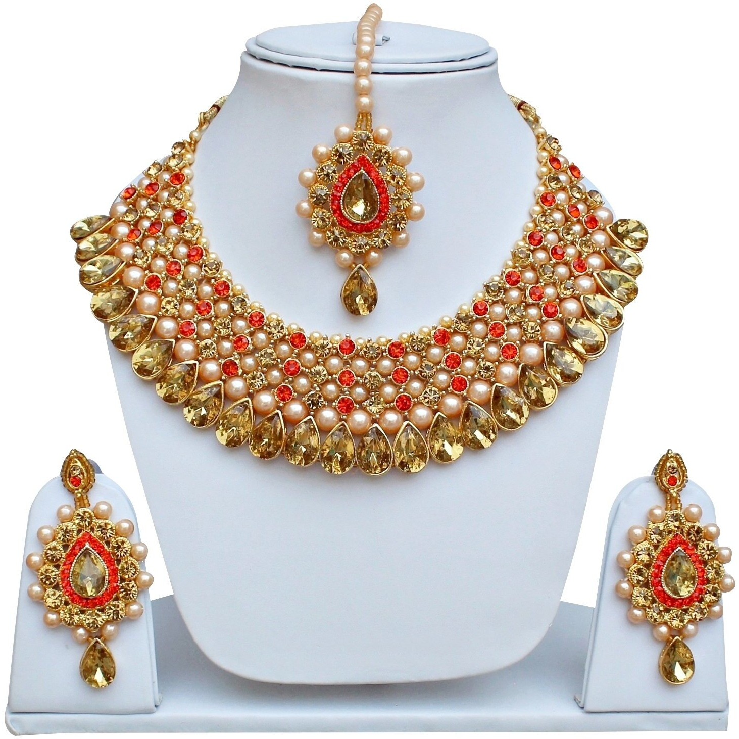 Lucky Jewellery Stunning Orange Color Stone Gold Plated Necklace Set for Girls & Women (726-ISS-823-G-LCT-O)