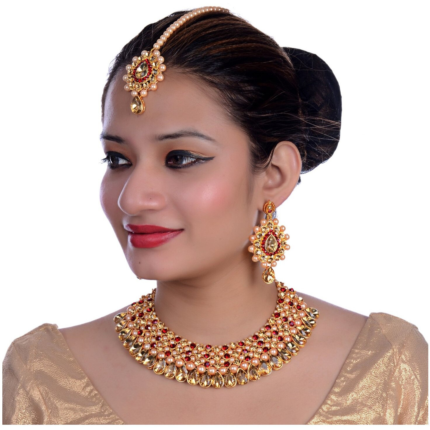 Lucky Jewellery Stunning Maroon Color Stone Gold Plated Necklace Set for Girls & Women (726-ISS-823-G-LCT-M)