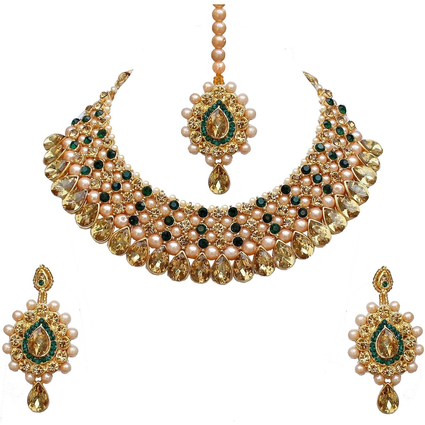 Lucky Jewellery Stunning Green Color Stone Gold Plated Necklace Set for Girls & Women (726-ISS-823-G-LCT-G)