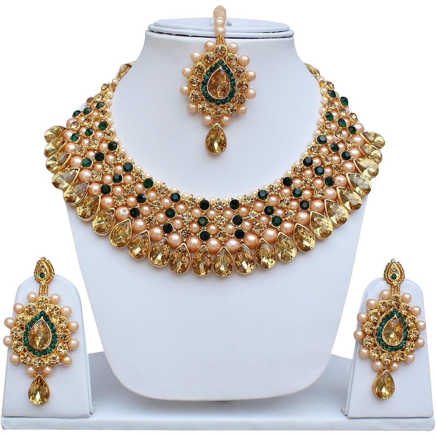 Lucky Jewellery Stunning Green Color Stone Gold Plated Necklace Set for Girls & Women (726-ISS-823-G-LCT-G)
