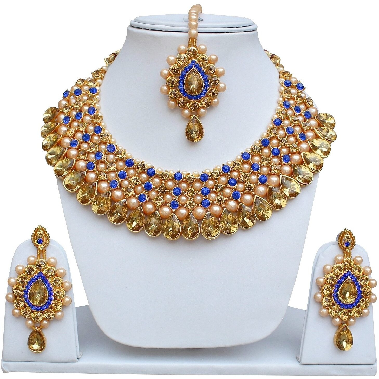 Lucky Jewellery Stunning Blue Color Stone Gold Plated Necklace Set for Girls & Women (726-ISS-823-G-LCT-B)
