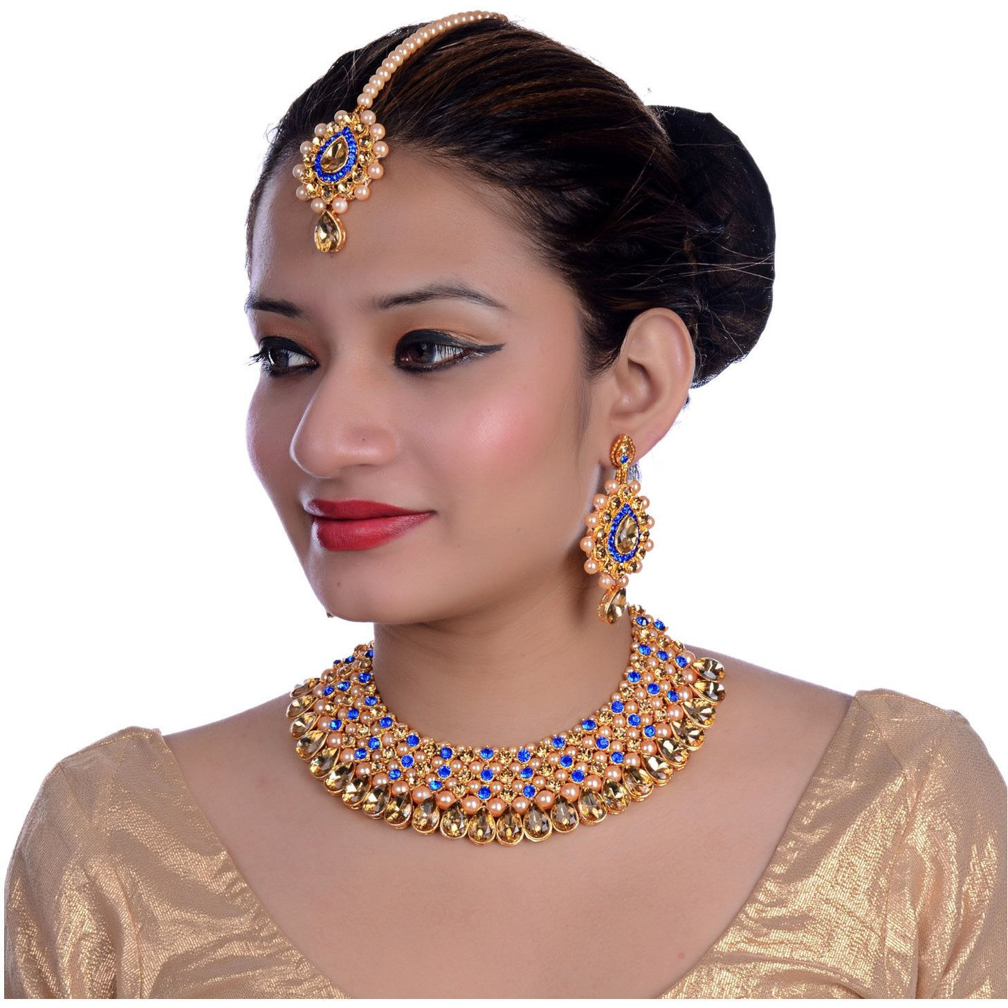 Lucky Jewellery Stunning Blue Color Stone Gold Plated Necklace Set for Girls & Women (726-ISS-823-G-LCT-B)