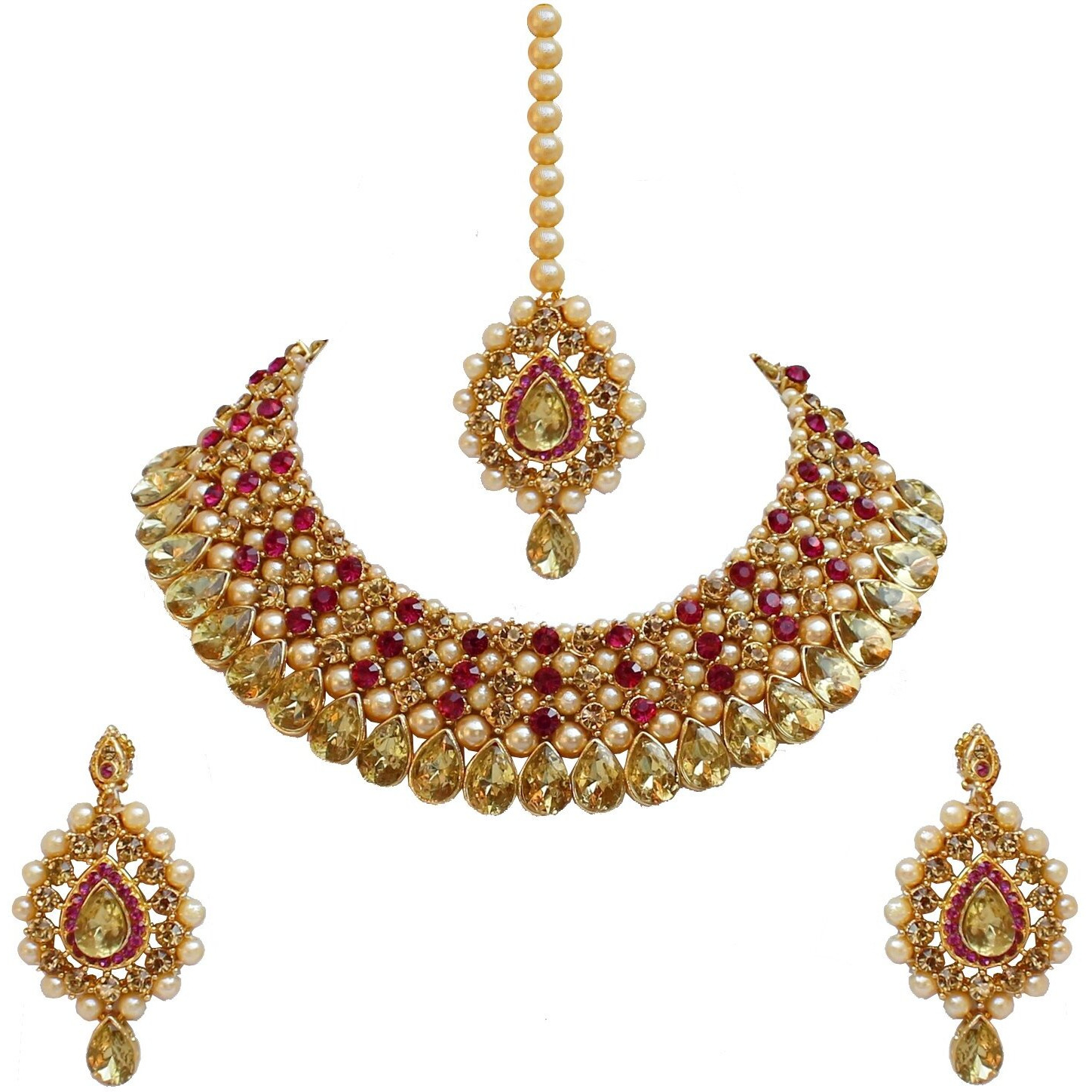 Lucky Jewellery Stunning Magenta Color Stone Gold Plated Necklace Set for Girls & Women (726-ISS-823-G-LCT-R)