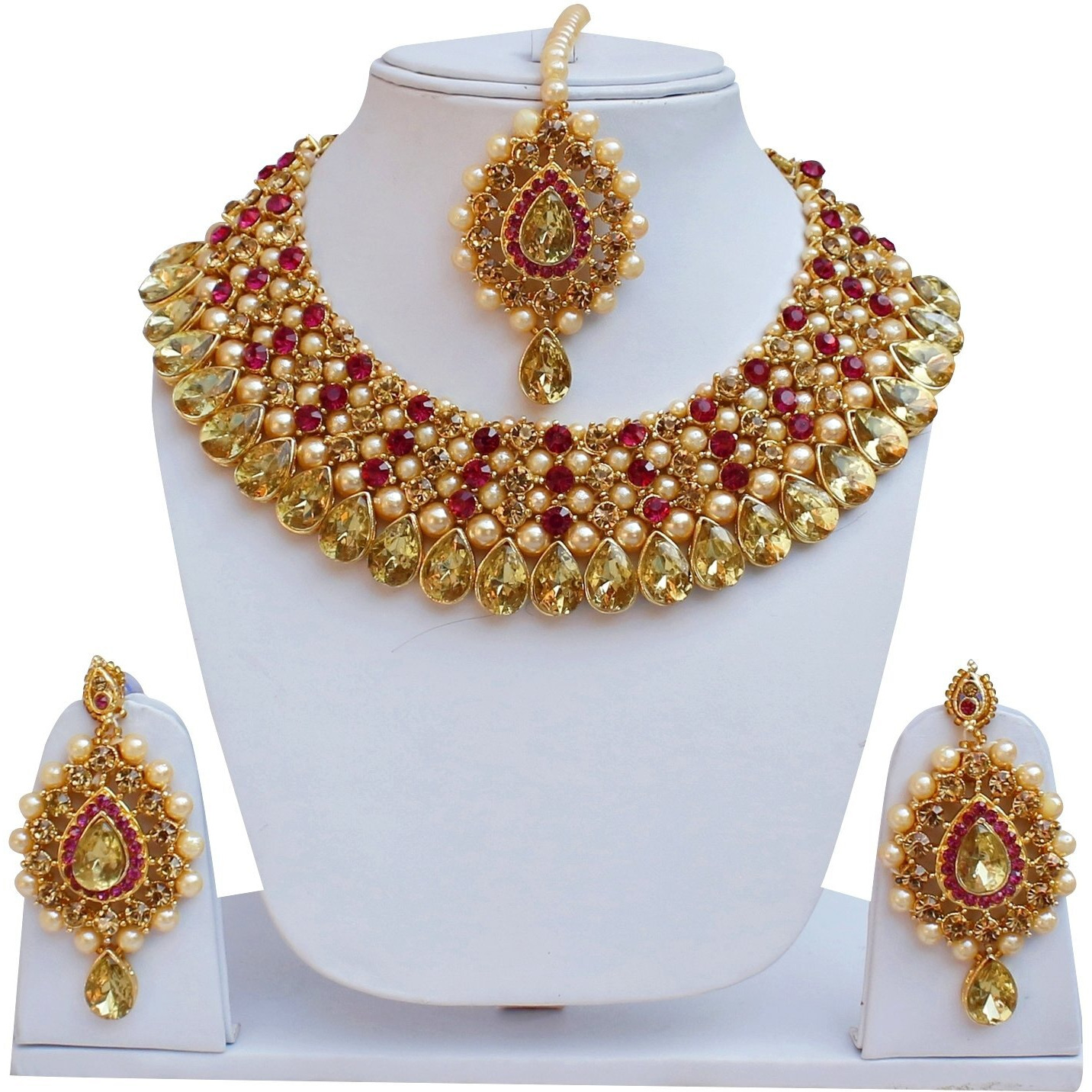 Lucky Jewellery Stunning Magenta Color Stone Gold Plated Necklace Set for Girls & Women (726-ISS-823-G-LCT-R)