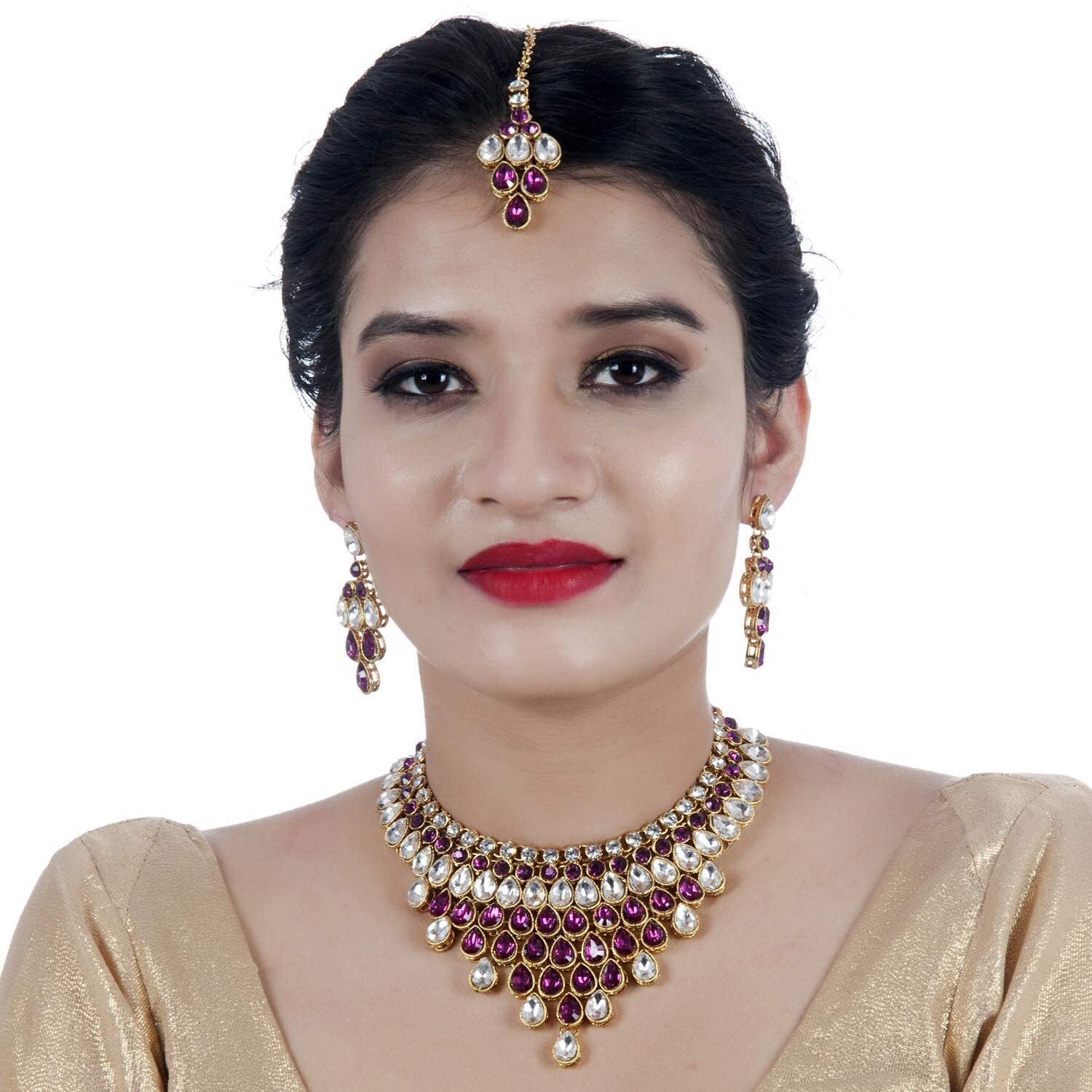 Lucky Jewellery Elegant White Magenta Color Stone Necklace Set for Girls & Women (825-L1SS-837-W-R)