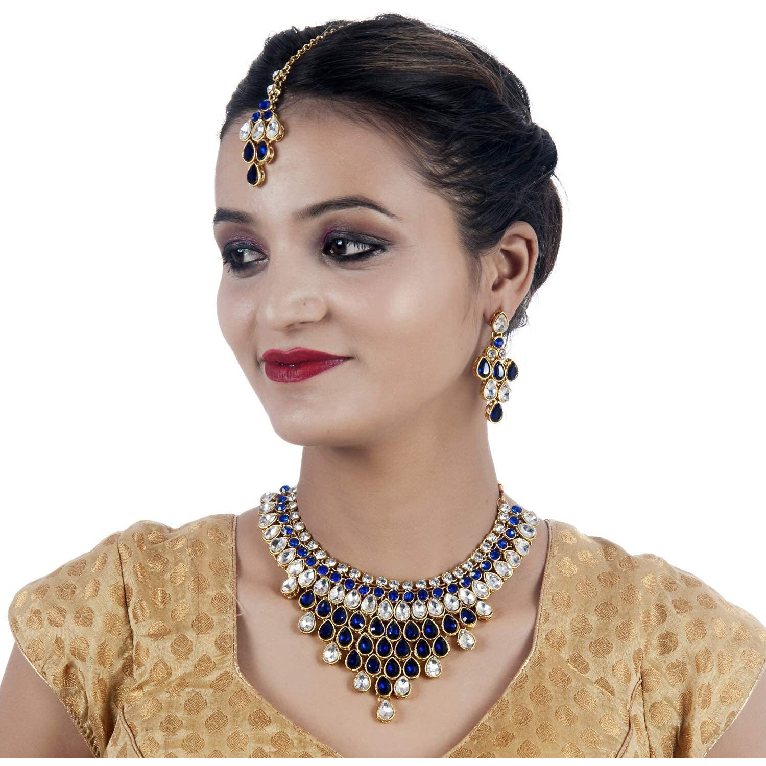Lucky Jewellery Elegant Blue Color Stone Necklace Set for Girls & Women (825-L1SS-837-W-B)