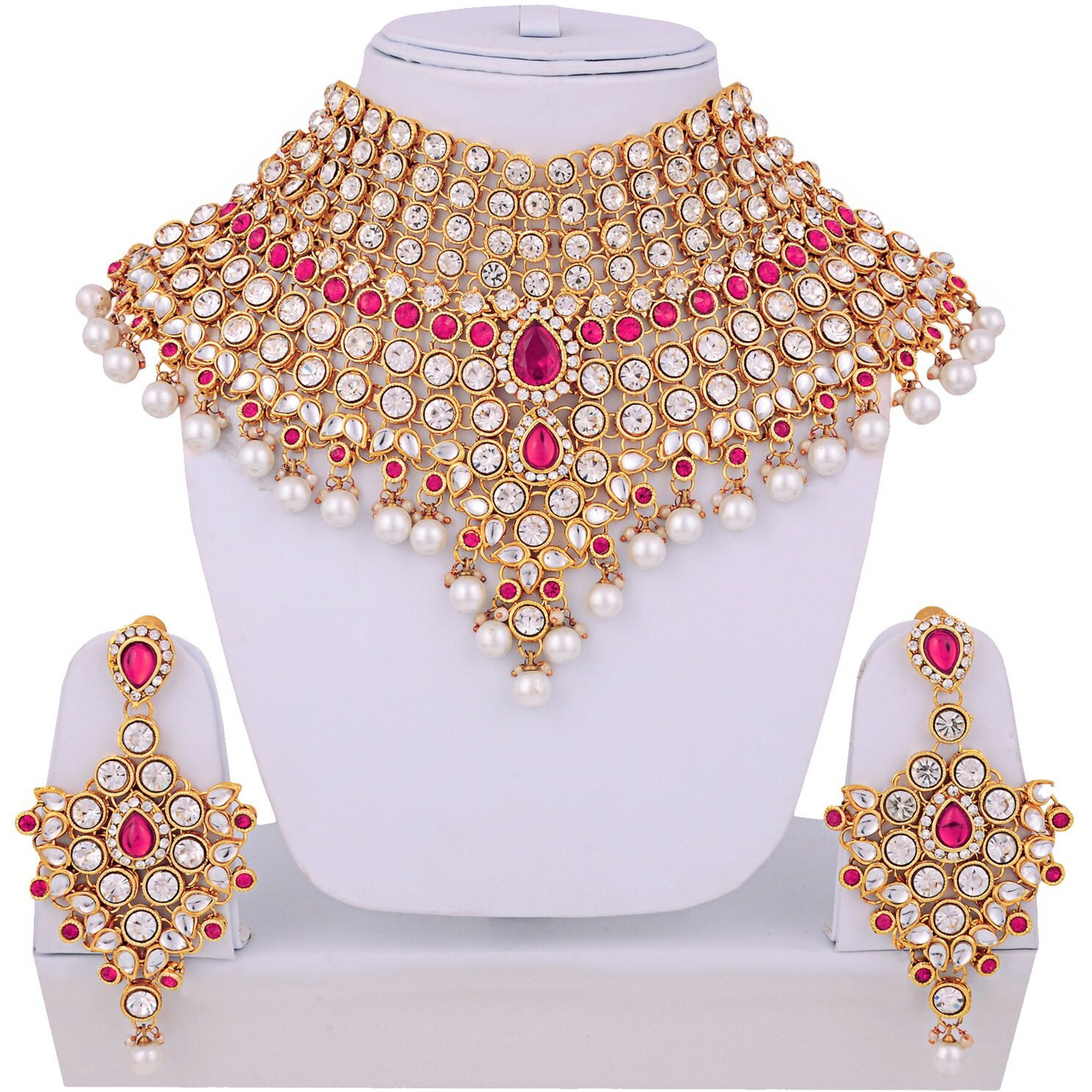 Lucky Jewellery Magenta Semi Bridal Dulhan Dulhan Wedding & Engagement Necklace Set with Mang Tikka (1815-L1SS-KD124-R)