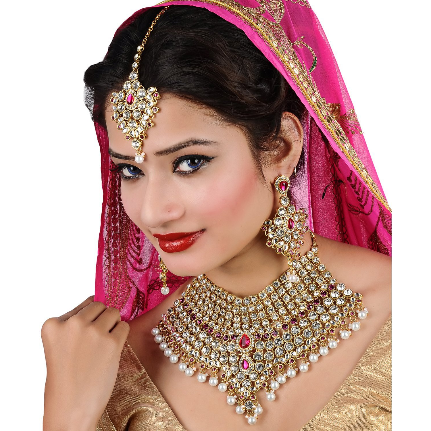 Lucky Jewellery Magenta Semi Bridal Dulhan Dulhan Wedding & Engagement Necklace Set with Mang Tikka (1815-L1SS-KD124-R)