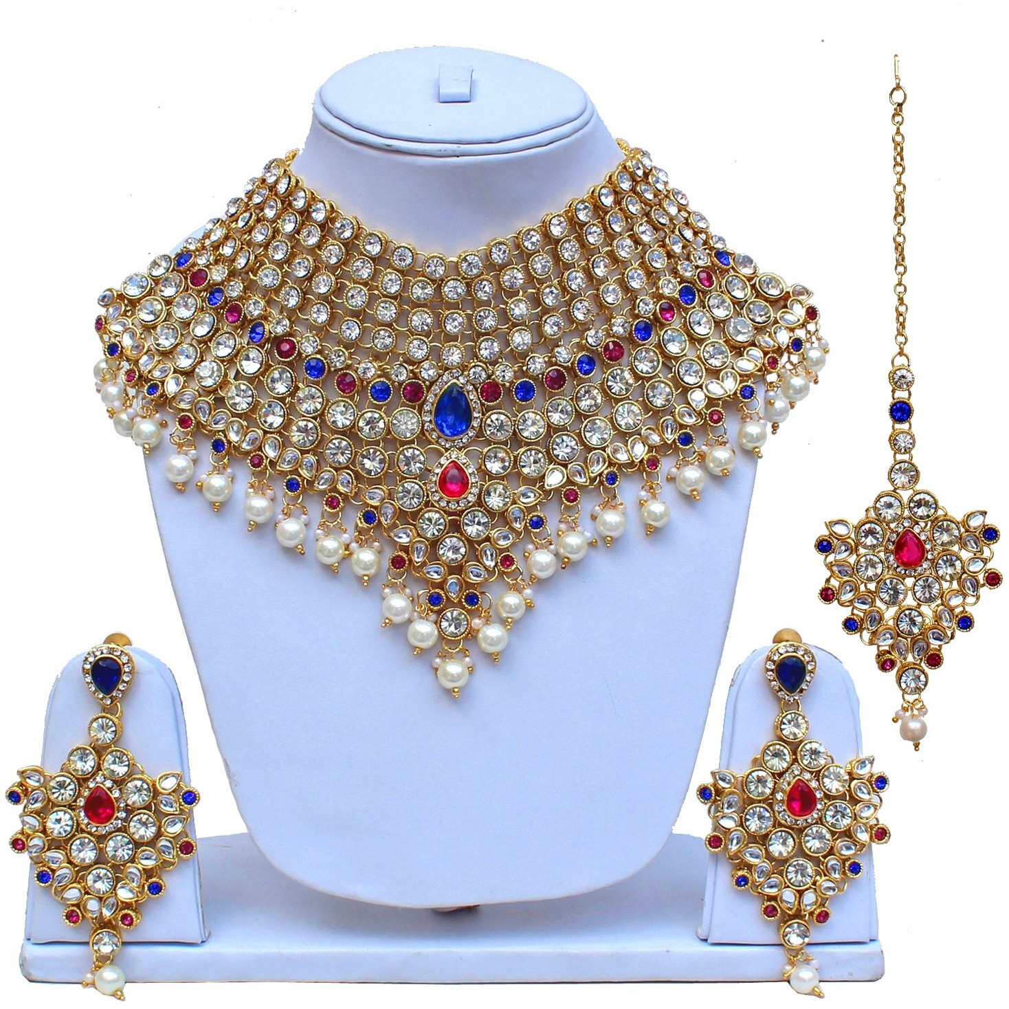 Lucky Jewellery Magenta Blue Semi Bridal Dulhan Dulhan Wedding & Engagement Necklace Set with Mang Tikka (1815-L1SS-KD124-RB)
