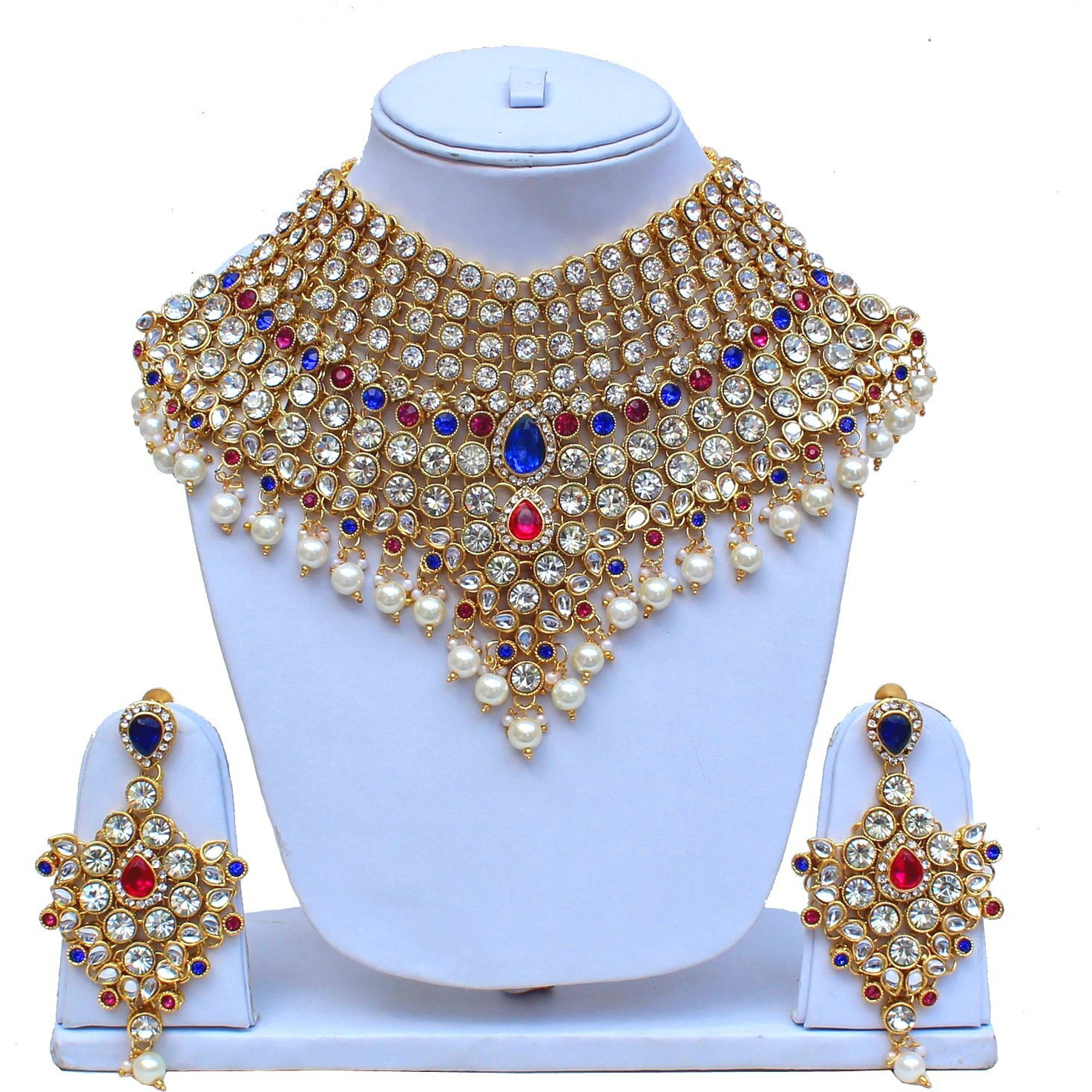 Lucky Jewellery Magenta Blue Semi Bridal Dulhan Dulhan Wedding & Engagement Necklace Set with Mang Tikka (1815-L1SS-KD124-RB)