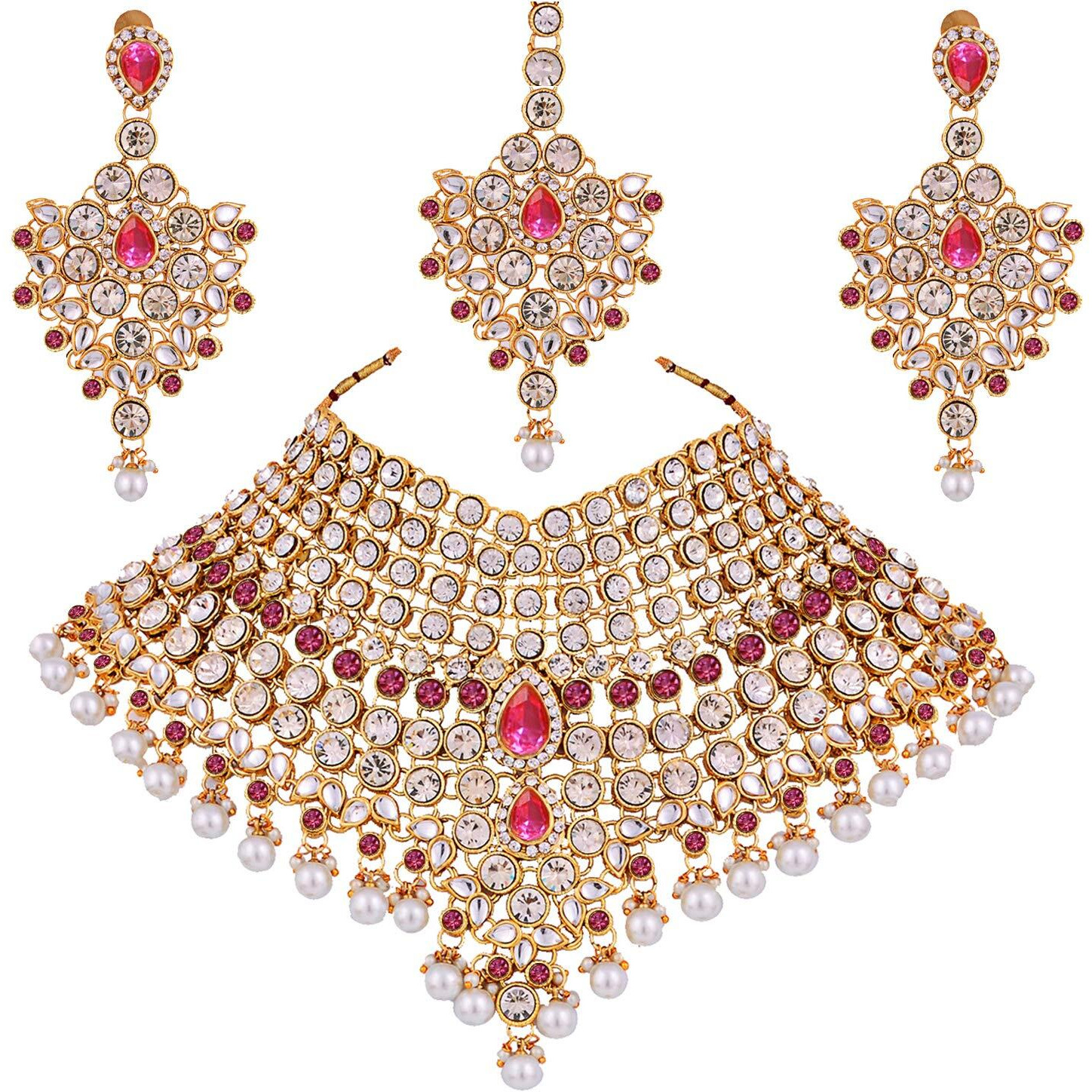 Lucky Jewellery Pink Semi Bridal Dulhan Dulhan Wedding & Engagement Necklace Set with Mang Tikka (1815-L1SS-KD124-PK)