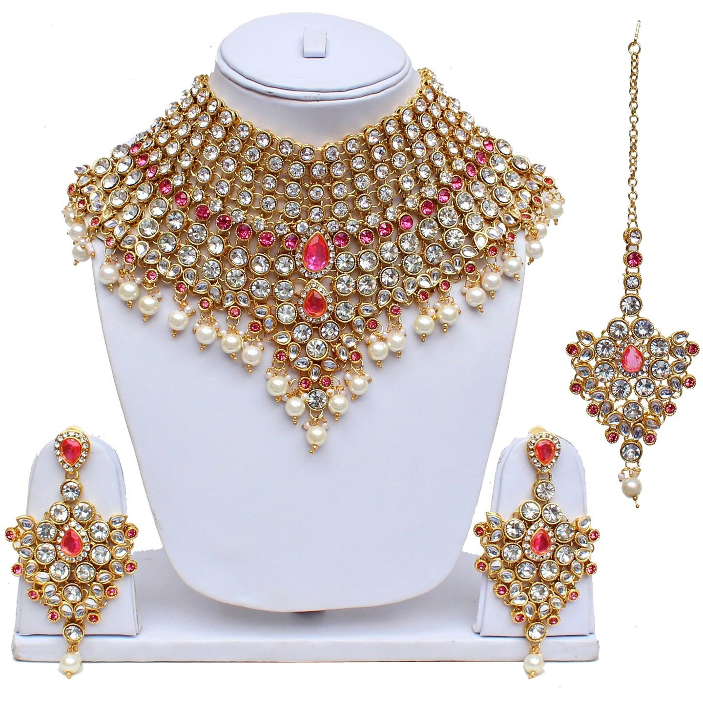 Lucky Jewellery Pink Semi Bridal Dulhan Dulhan Wedding & Engagement Necklace Set with Mang Tikka (1815-L1SS-KD124-PK)