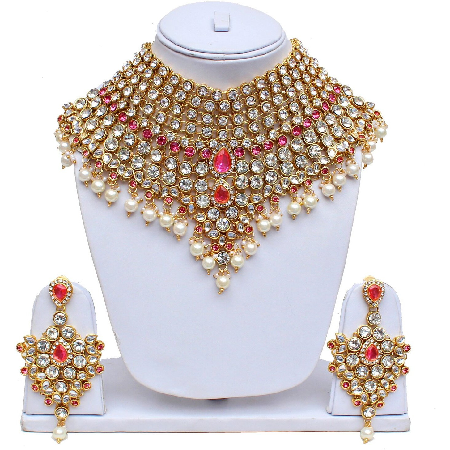 Lucky Jewellery Pink Semi Bridal Dulhan Dulhan Wedding & Engagement Necklace Set with Mang Tikka (1815-L1SS-KD124-PK)