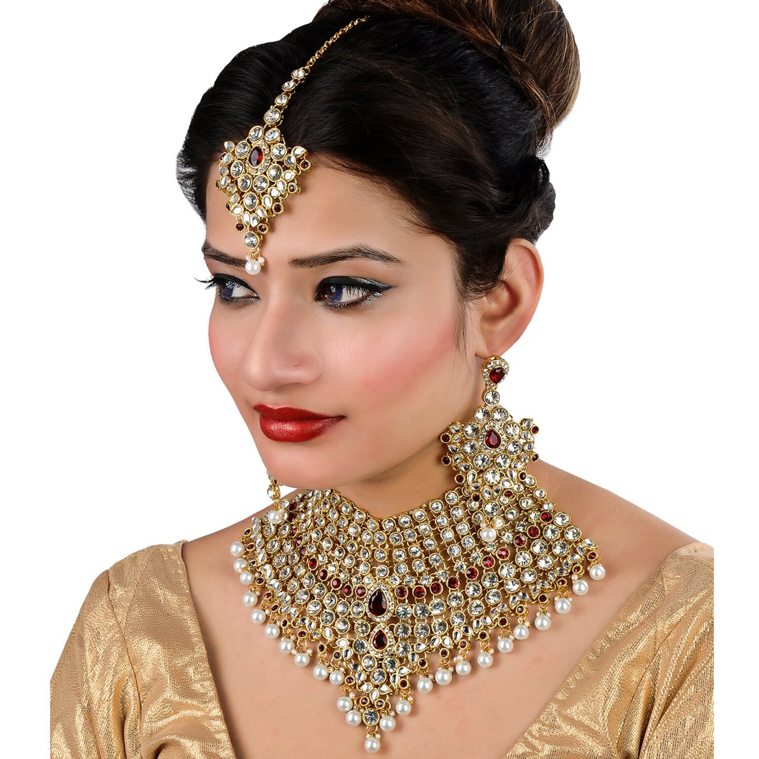 Lucky Jewellery Maroon Semi Bridal Dulhan Wedding & Engagement Necklace Set with Mang Tikka (1815-L1SS-KD124-M)