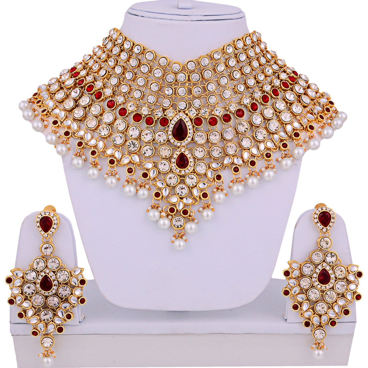 Lucky Jewellery Maroon Semi Bridal Dulhan Wedding & Engagement Necklace Set with Mang Tikka (1815-L1SS-KD124-M)