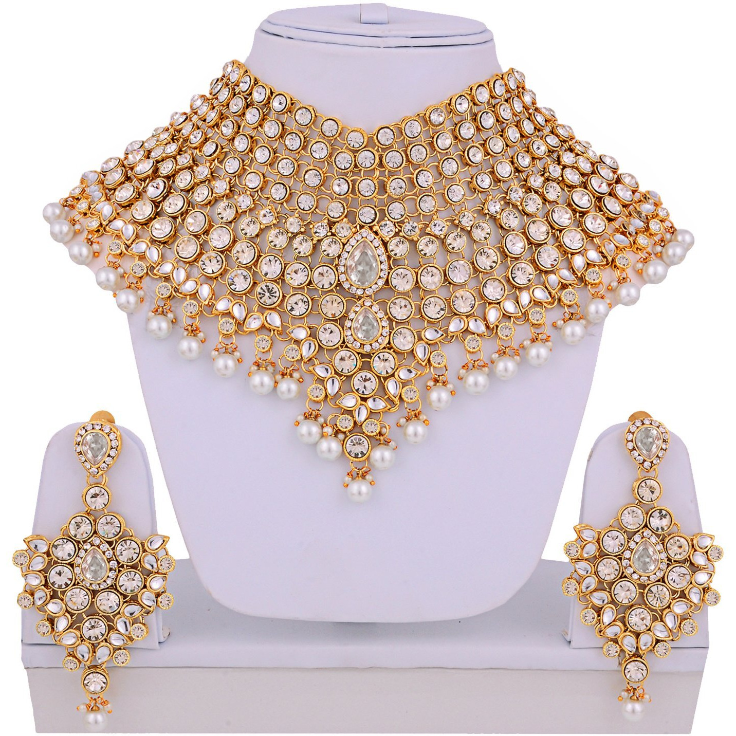 Lucky Jewellery White Semi Bridal Dulhan Dulhan Wedding & Engagement Necklace Set with Mang Tikka (1815-L1SS-KD124-W)