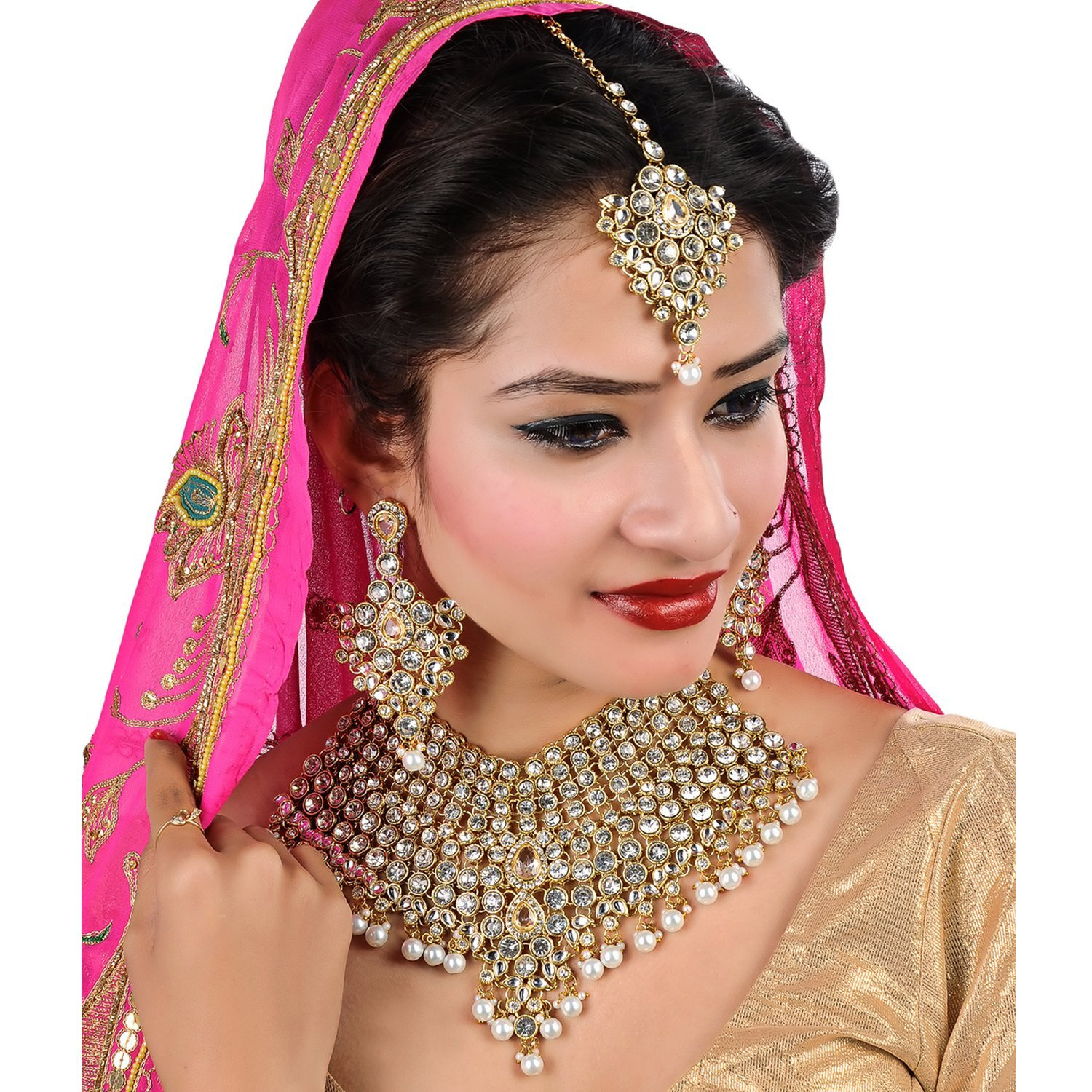 Lucky Jewellery White Semi Bridal Dulhan Dulhan Wedding & Engagement Necklace Set with Mang Tikka (1815-L1SS-KD124-W)