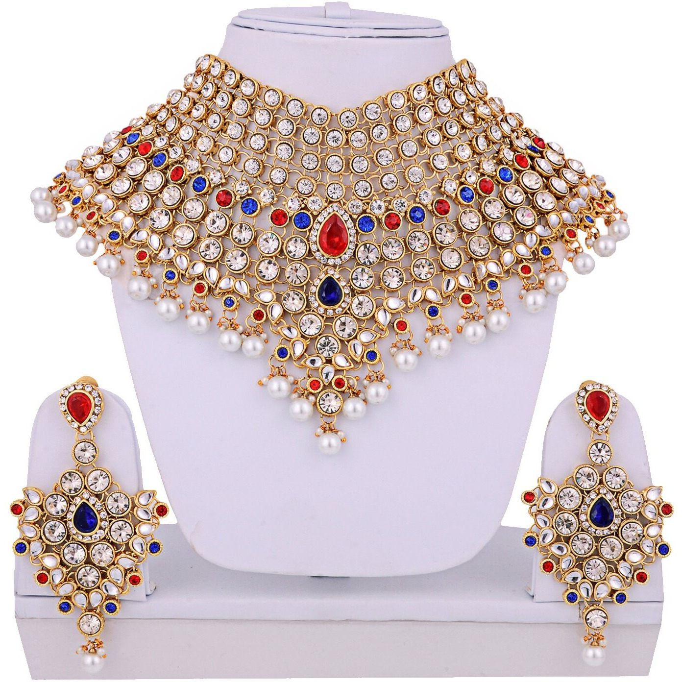 Lucky Jewellery Red Blue Semi Bridal Dulhan Dulhan Wedding & Engagement Necklace Set with Mang Tikka (1815-L1SS-KD124-RED-B)