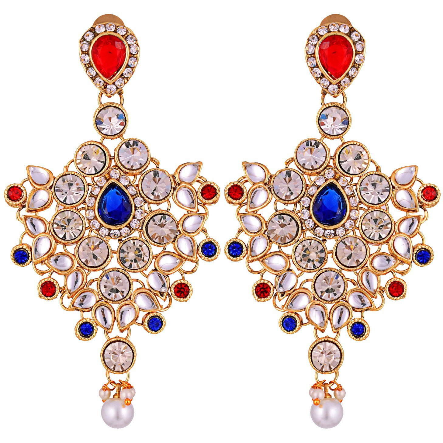 Lucky Jewellery Red Blue Semi Bridal Dulhan Dulhan Wedding & Engagement Necklace Set with Mang Tikka (1815-L1SS-KD124-RED-B)