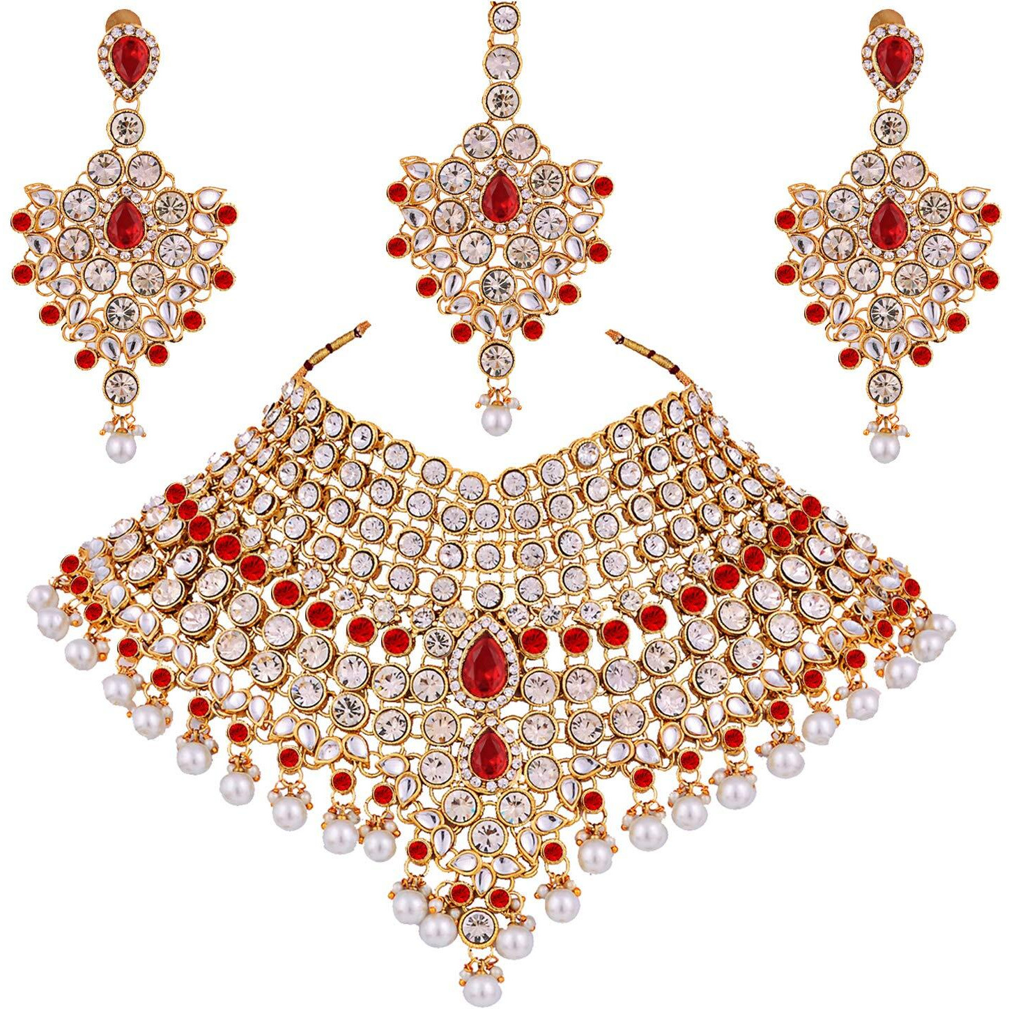 Lucky Jewellery Red Semi Bridal Dulhan Dulhan Wedding & Engagement Necklace Set with Mang Tikka (1815-L1SS-KD124-RED)