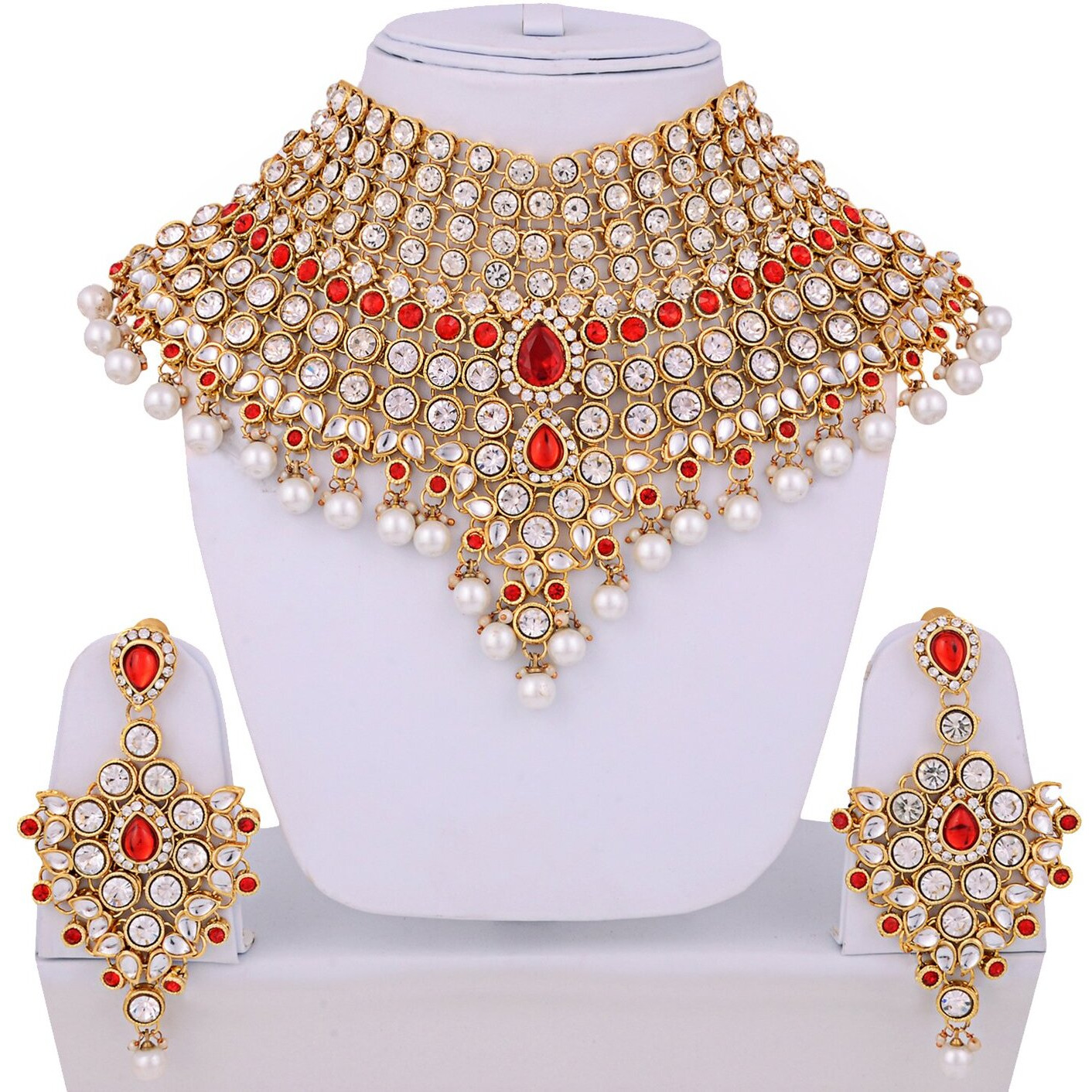 Lucky Jewellery Red Semi Bridal Dulhan Dulhan Wedding & Engagement Necklace Set with Mang Tikka (1815-L1SS-KD124-RED)