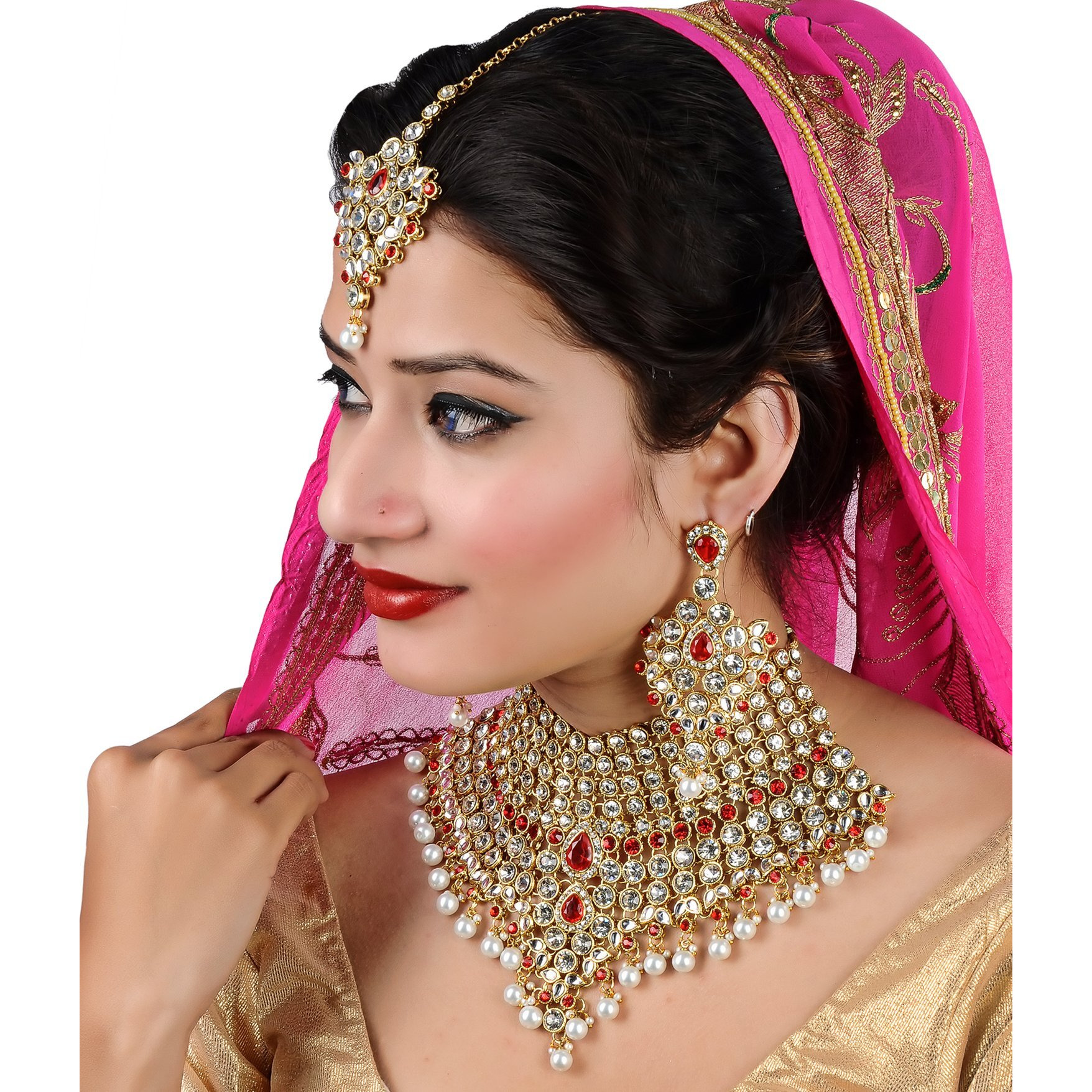 Lucky Jewellery Red Semi Bridal Dulhan Dulhan Wedding & Engagement Necklace Set with Mang Tikka (1815-L1SS-KD124-RED)