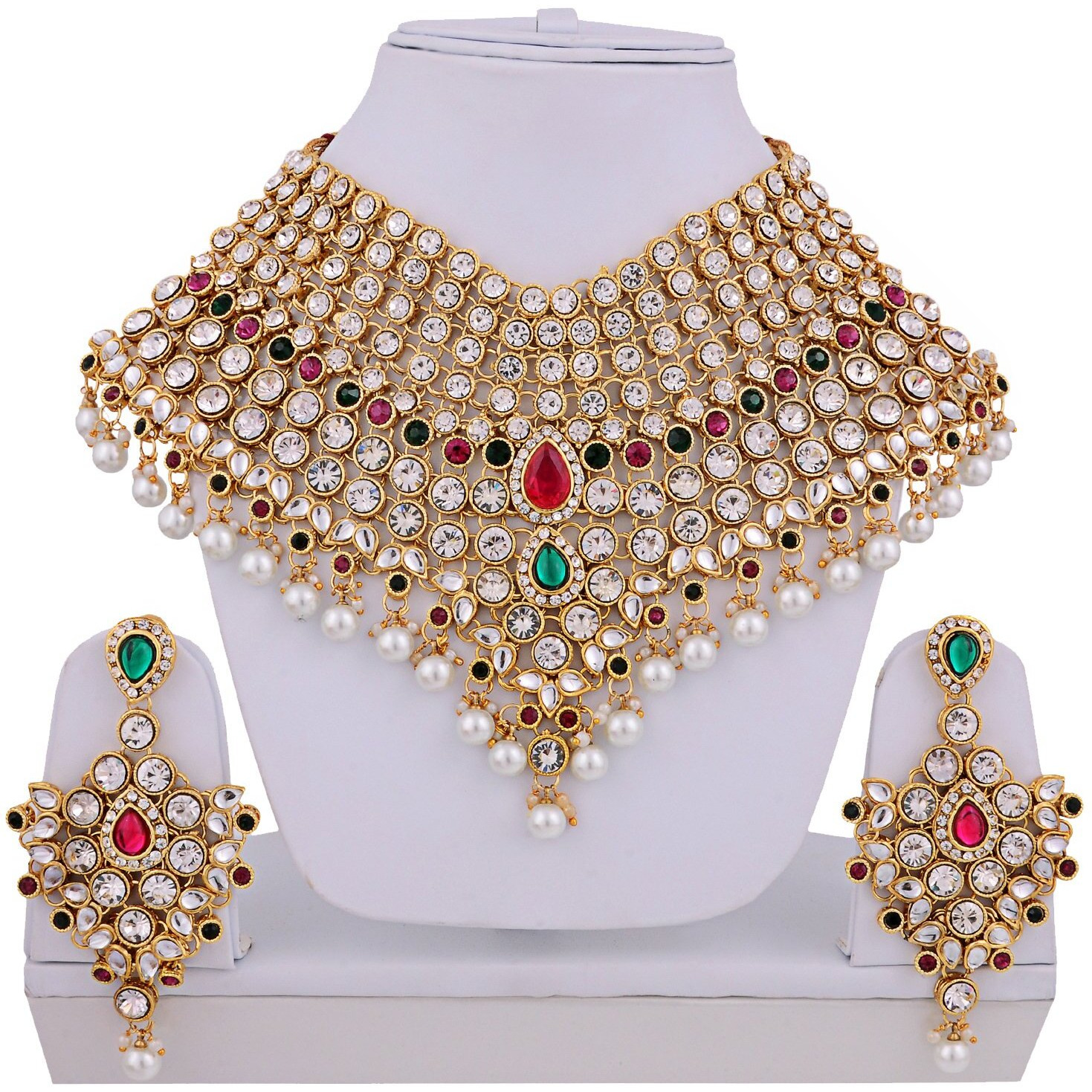 Lucky Jewellery Magenta Green Semi Bridal Dulhan Dulhan Wedding & Engagement Necklace Set with Mang Tikka (1815-L1SS-KD124-RG)