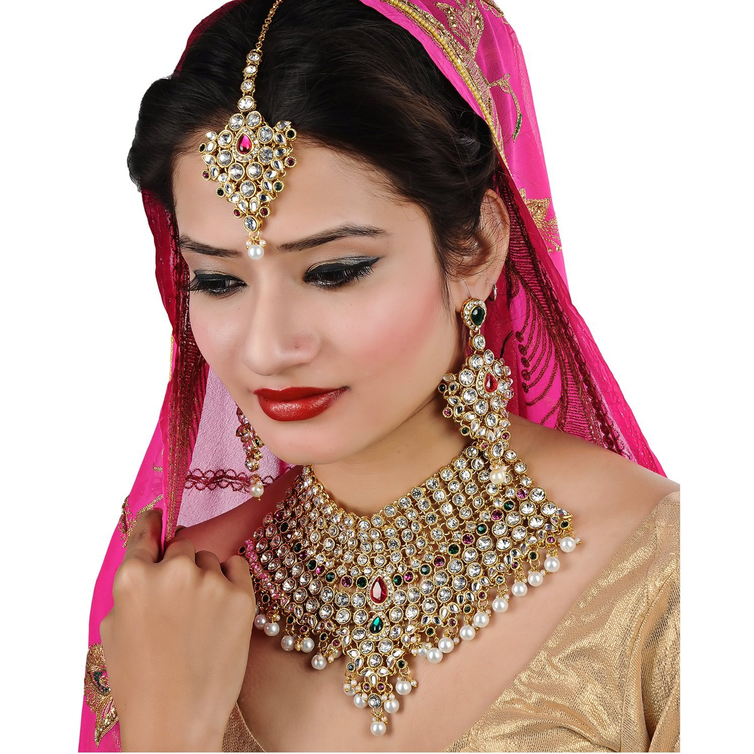 Lucky Jewellery Magenta Green Semi Bridal Dulhan Dulhan Wedding & Engagement Necklace Set with Mang Tikka (1815-L1SS-KD124-RG)